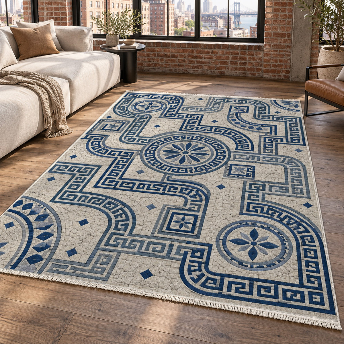 Hellenic Meander Indigo Geometric Washable Rug — new york living