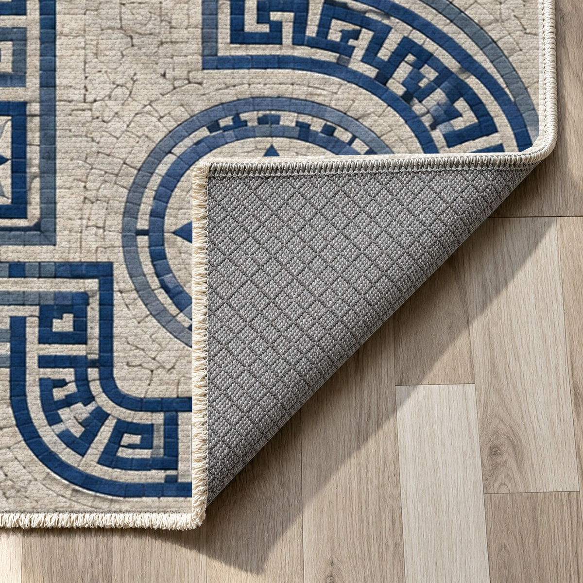 Hellenic Meander Indigo Geometric Washable Rug — backing close up