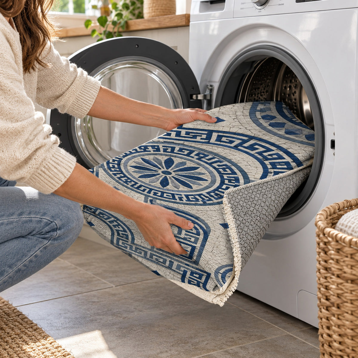 Hellenic Meander Indigo Geometric Washable Rug — washing machine