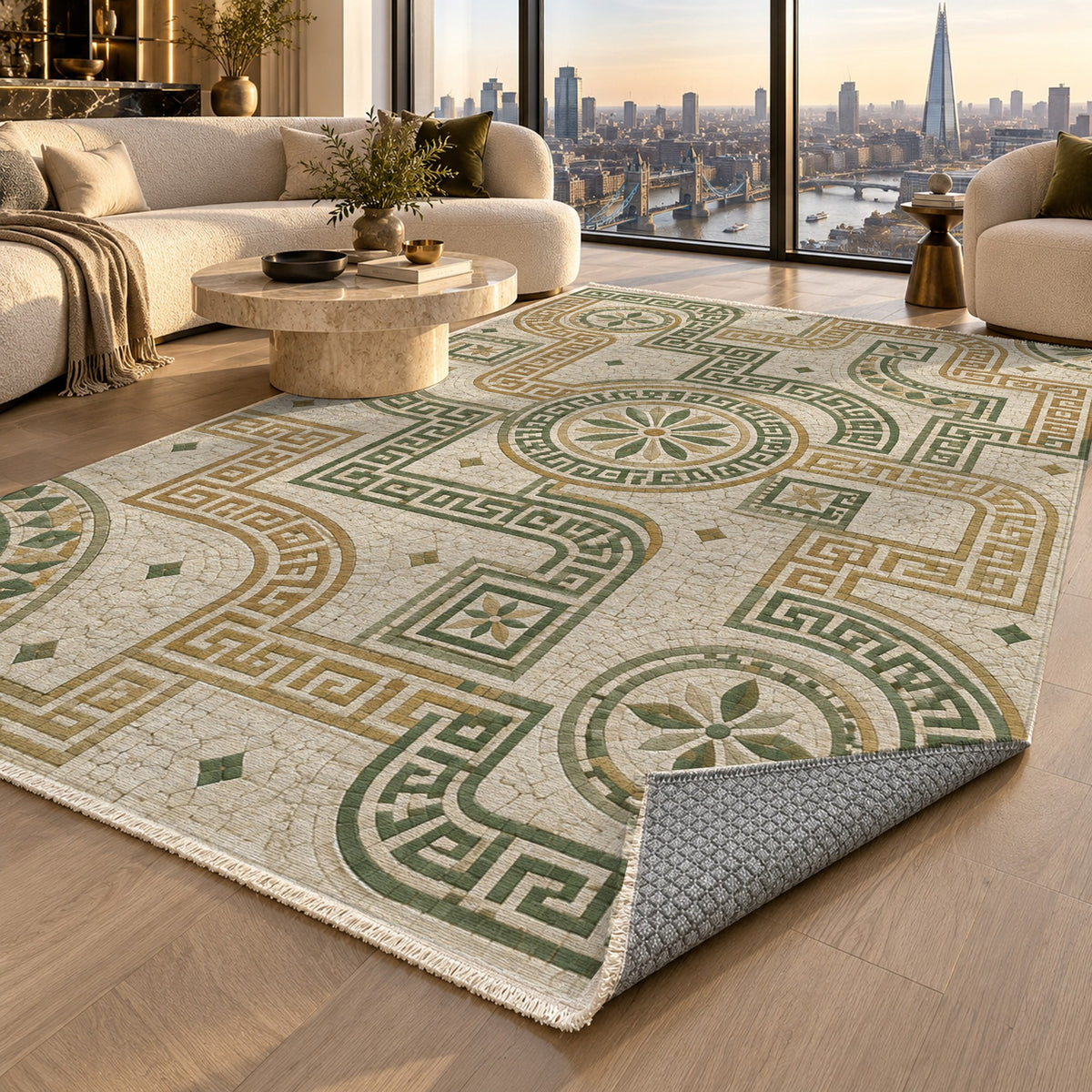 Hellenic Meander Sage Geometric Washable Rug — london luxury living