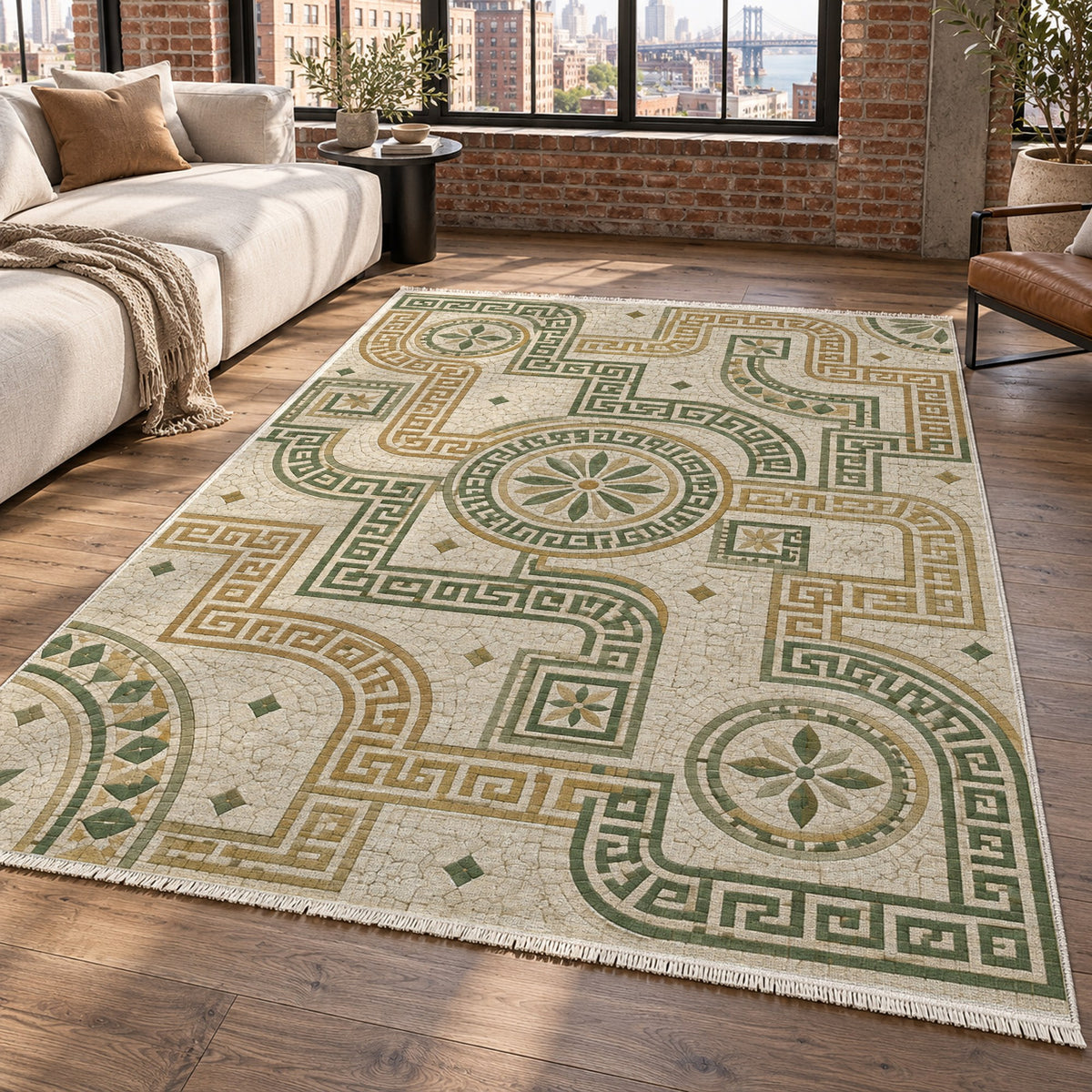 Hellenic Meander Sage Geometric Washable Rug — new york living