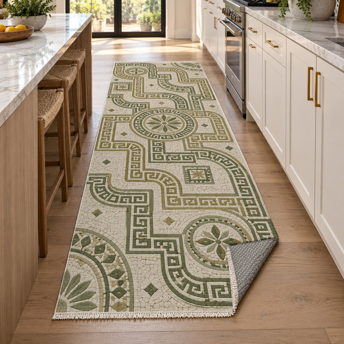 Hellenic Meander Sage Geometric Washable Rug — new york kitchen runner