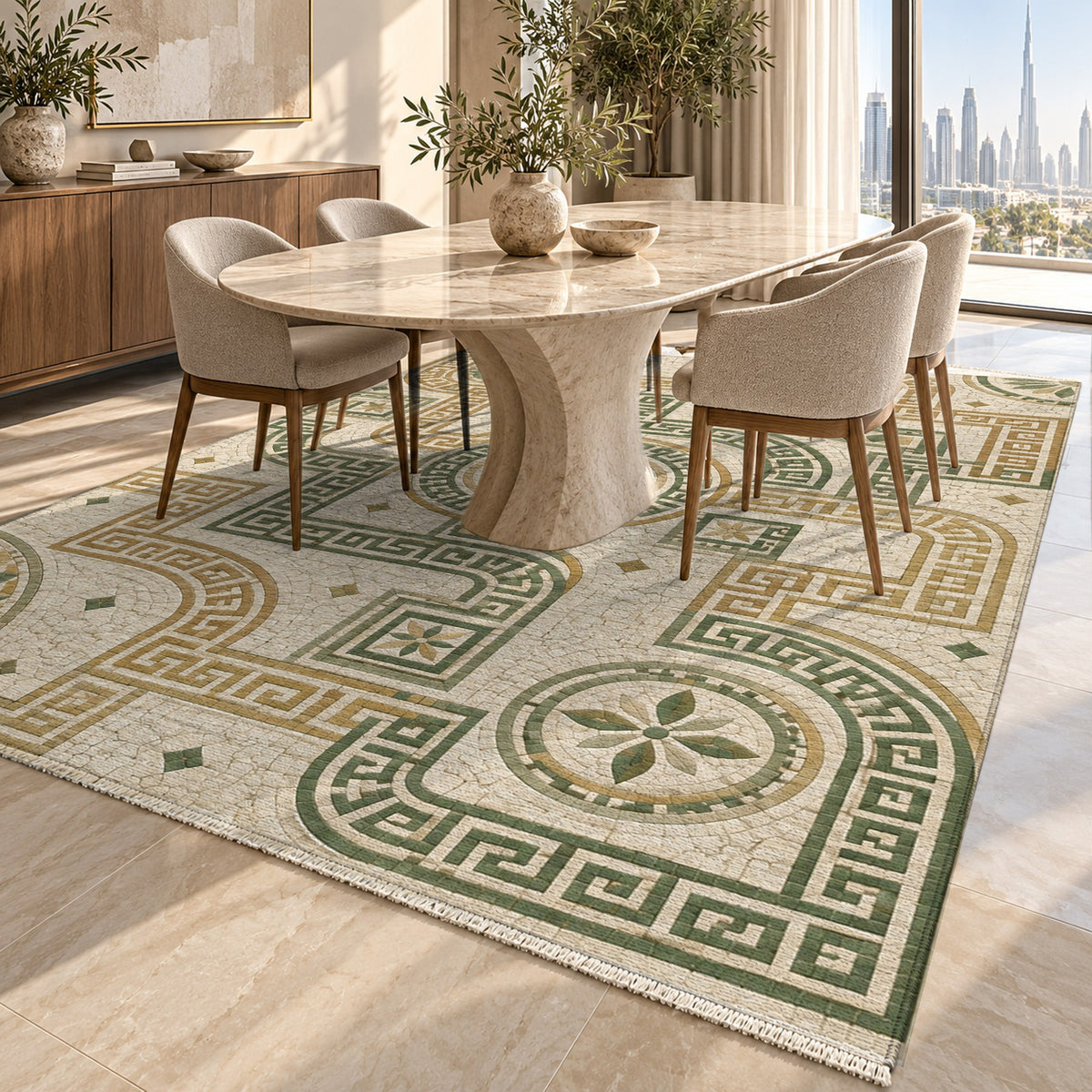 Hellenic Meander Sage Geometric Washable Rug — dubai dining