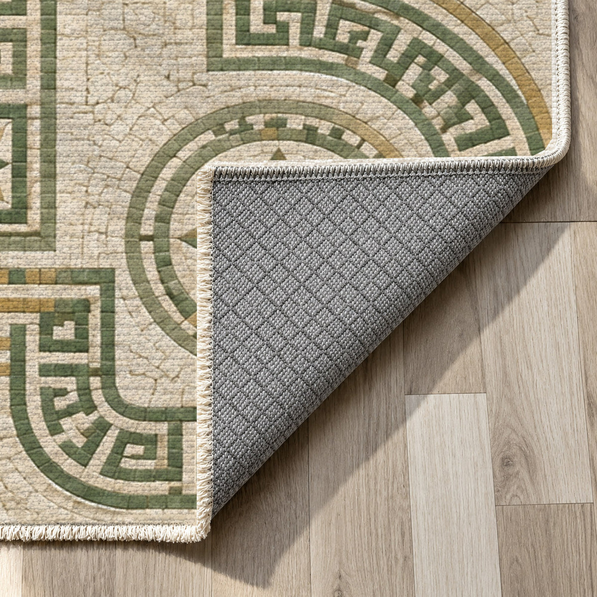 Hellenic Meander Sage Geometric Washable Rug — backing close up