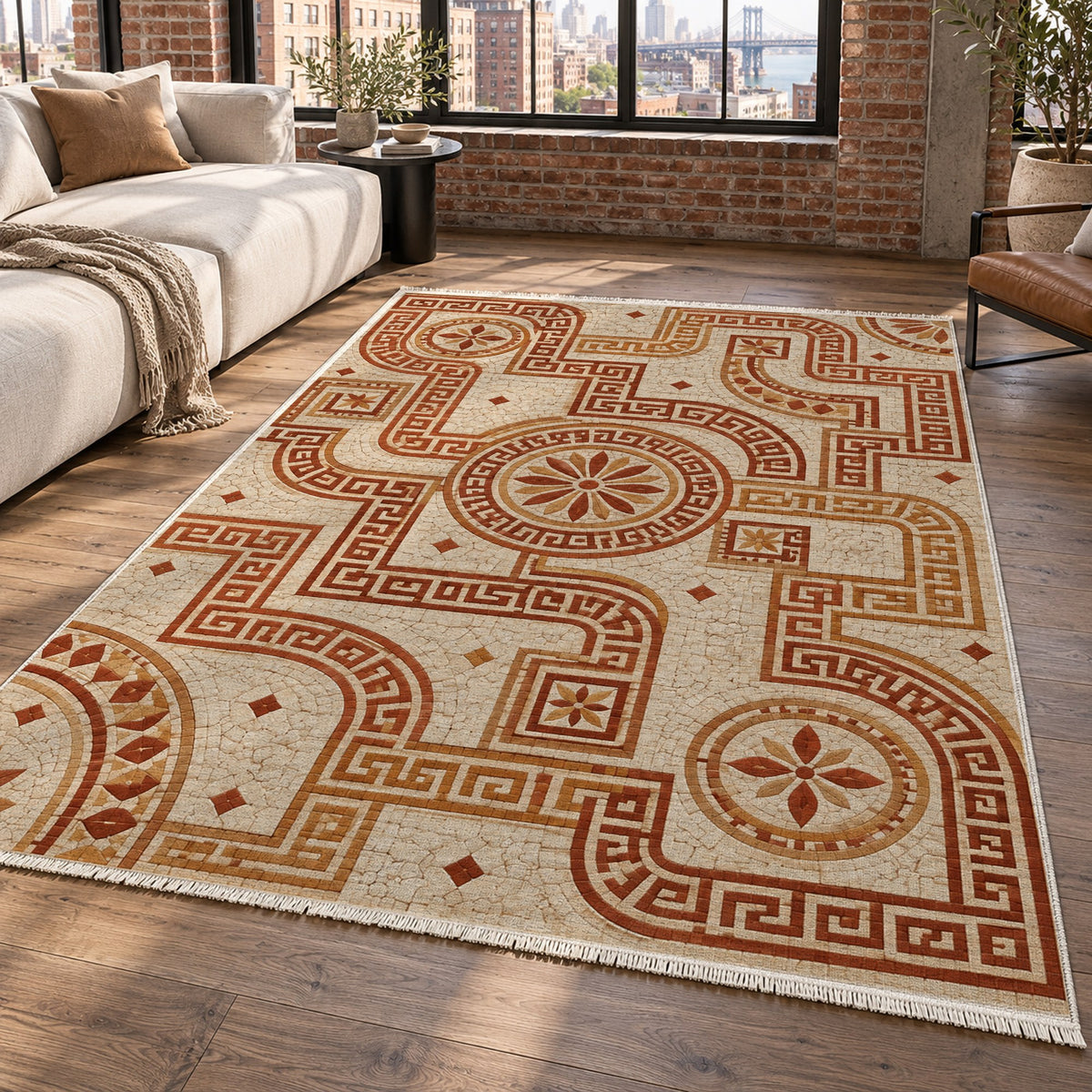 Hellenic Meander Terracotta Geometric Washable Rug — new york living