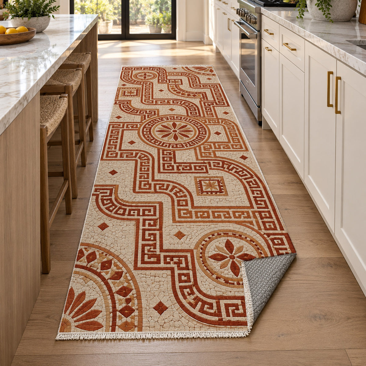 Hellenic Meander Terracotta Geometric Washable Rug — new york kitchen runner