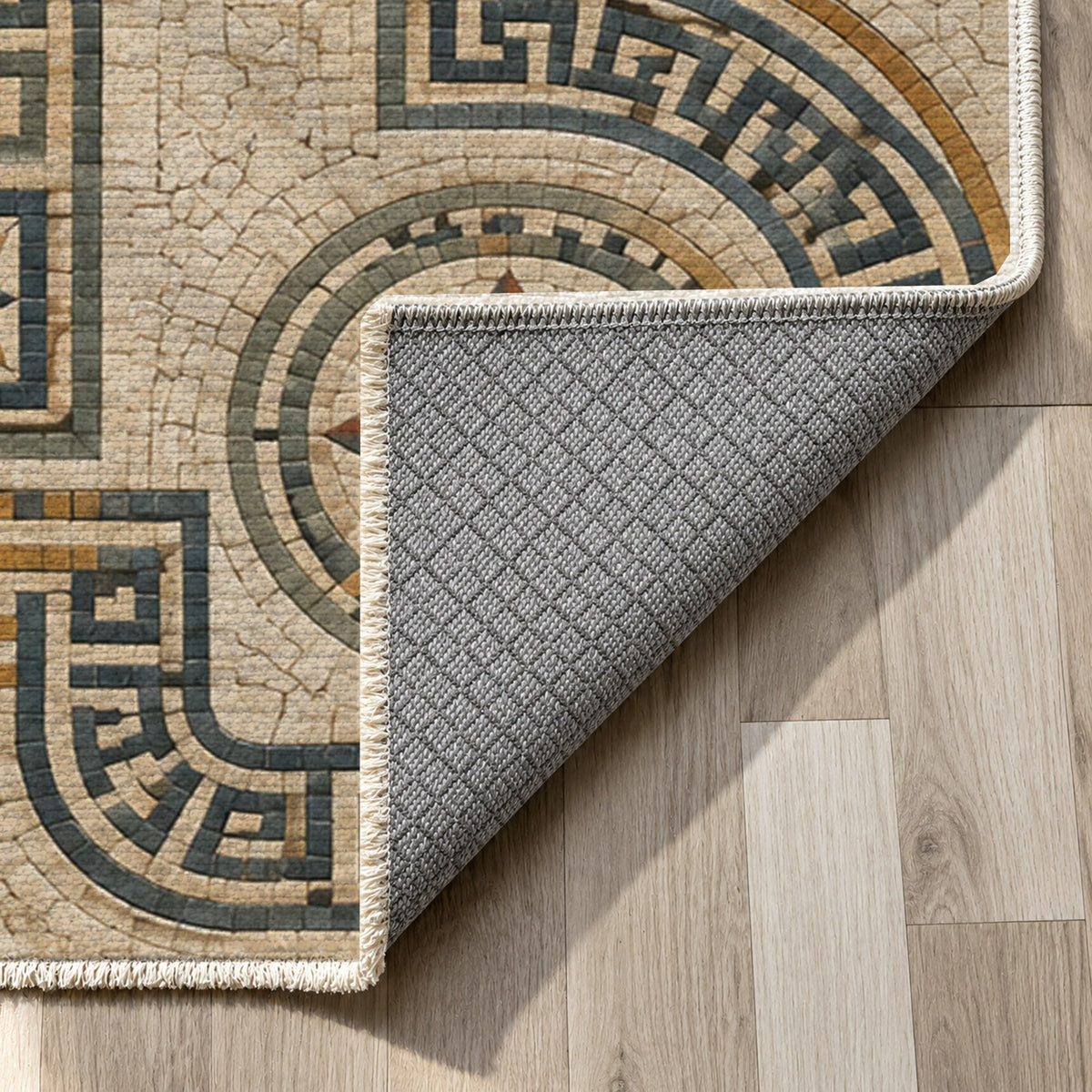 Hellenic Meander Geometric Washable Rug — backing close up