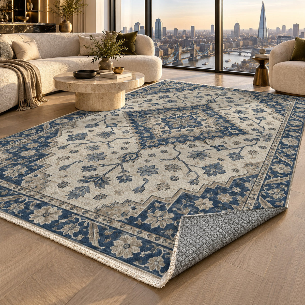 Heriz Citadel Blue Ivory Classic Washable Rug — london luxury living