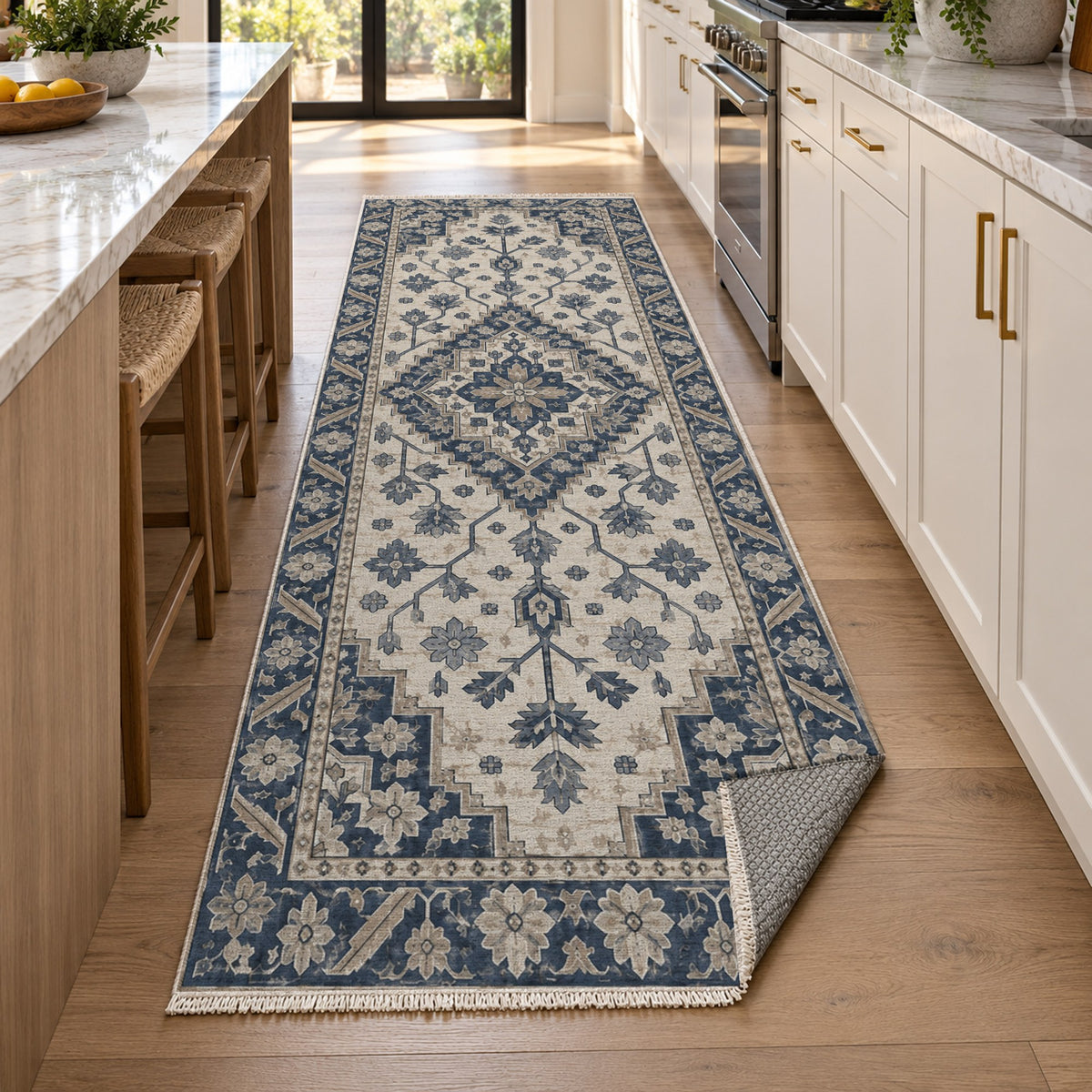 Heriz Citadel Blue Ivory Classic Washable Rug — new york kitchen runner
