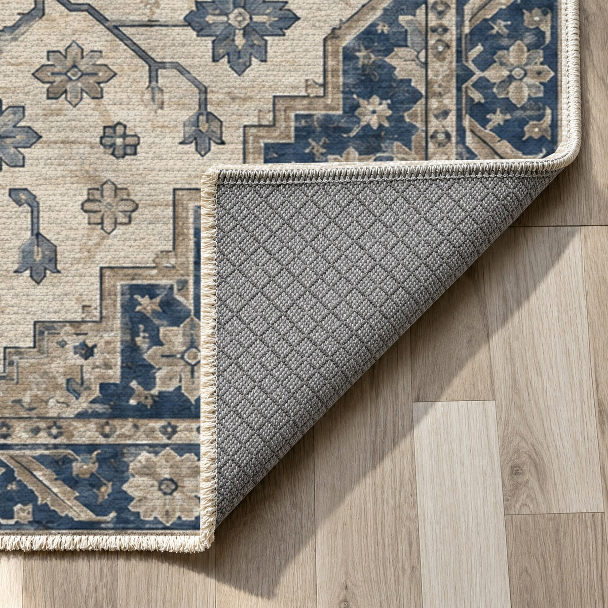 Heriz Citadel Blue Ivory Classic Washable Rug — backing close up