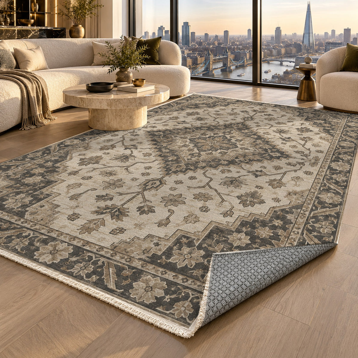 Heriz Citadel Ivory Taupe Classic Washable Rug — london luxury living