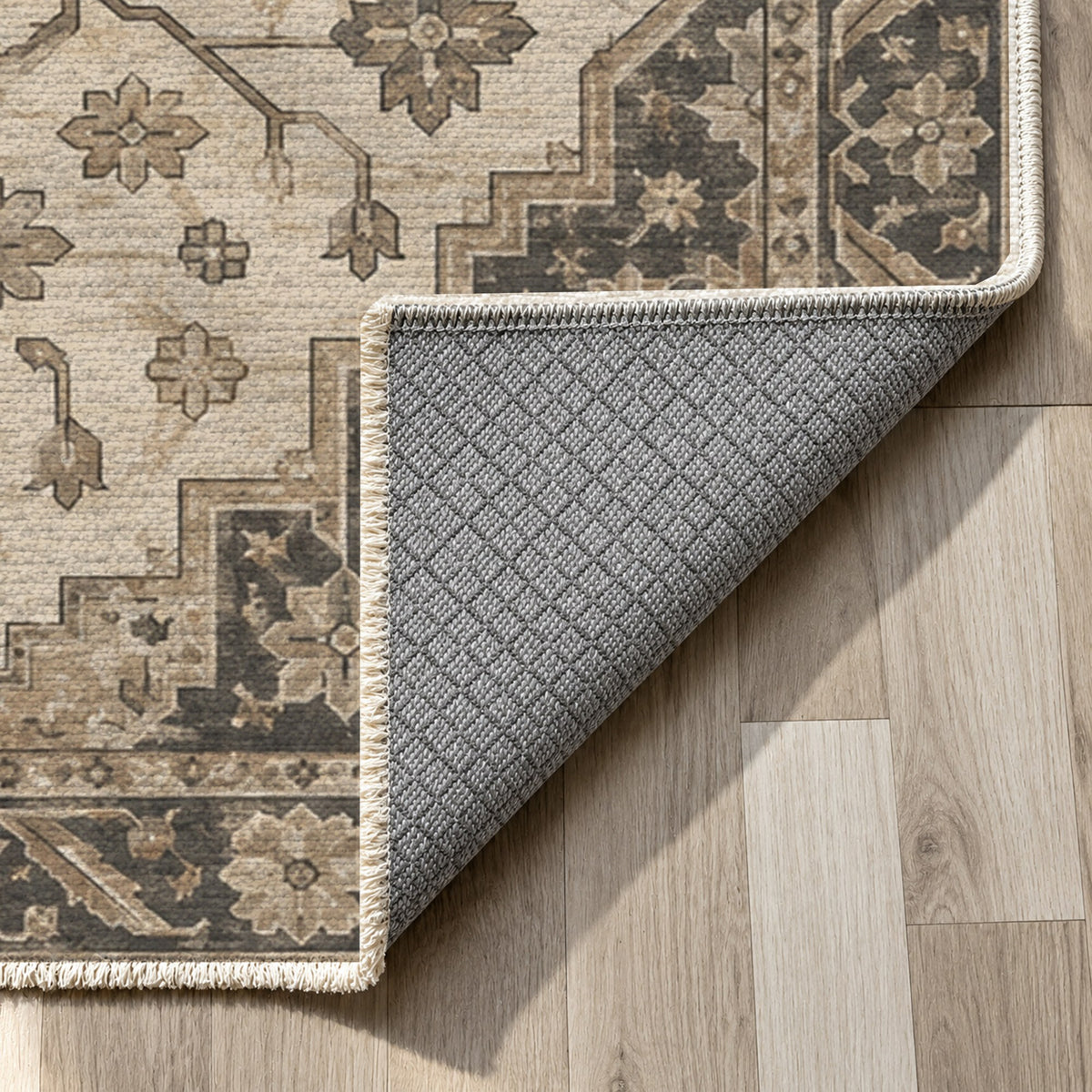 Heriz Citadel Ivory Taupe Classic Washable Rug — backing close up