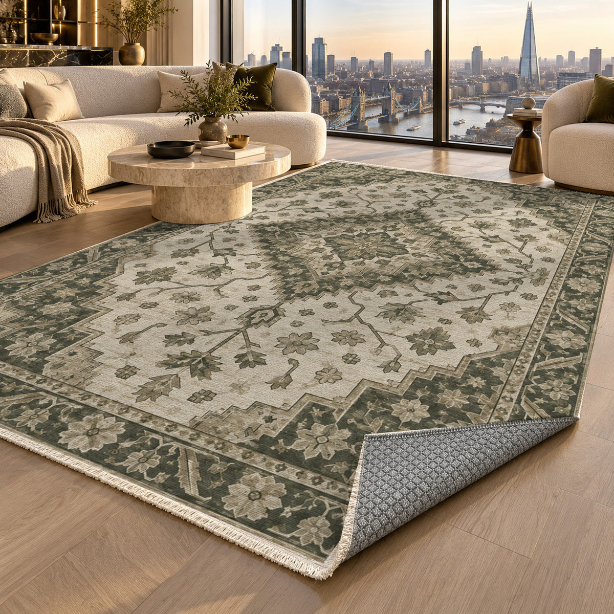 Heriz Citadel Sage Stone Classic Washable Rug — london luxury living