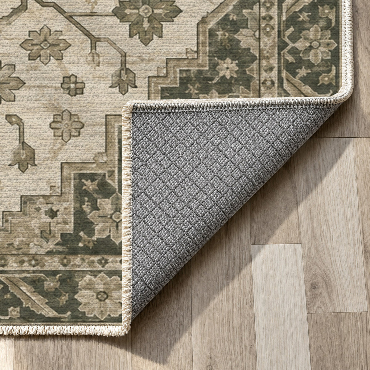 Heriz Citadel Sage Stone Classic Washable Rug — backing close up