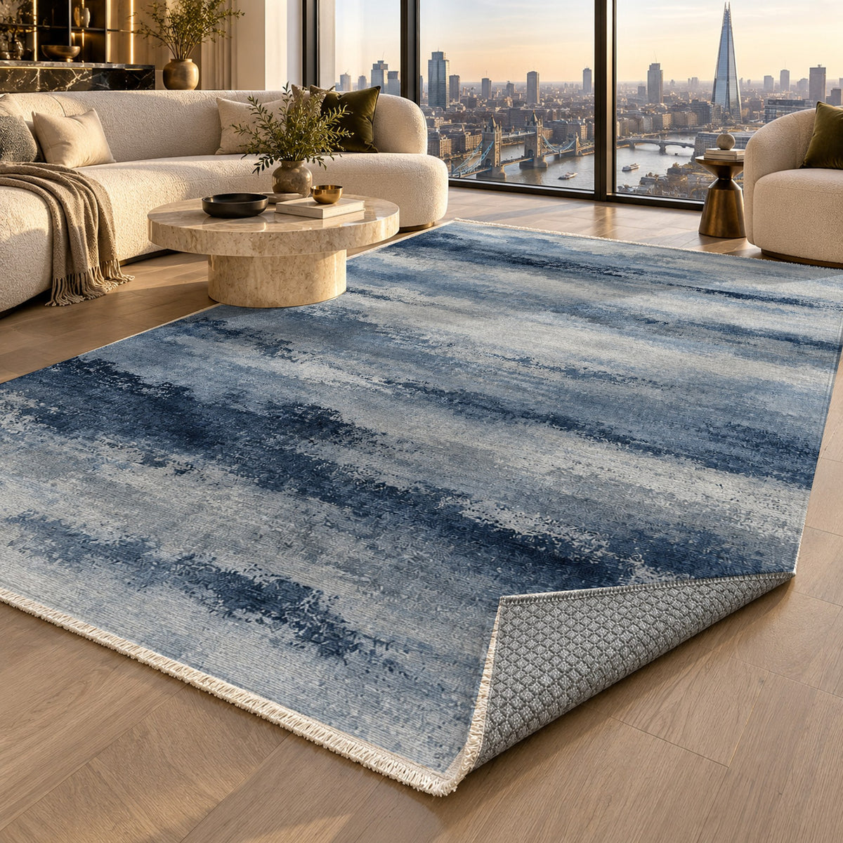 Himalayan Haze Blue Grey Abstract Washable Rug — london luxury living