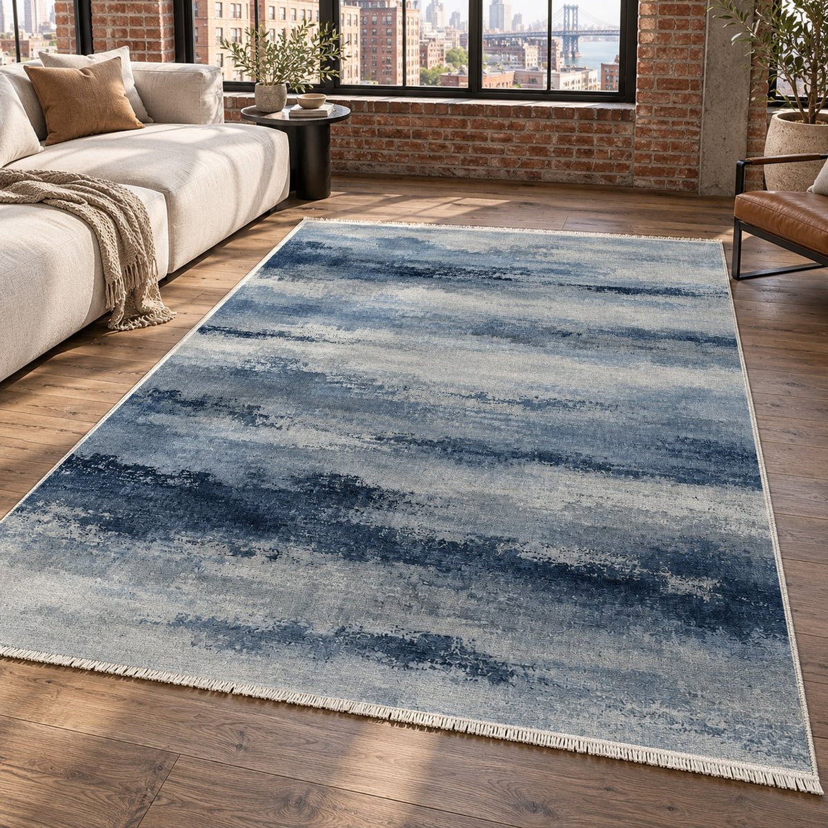 Himalayan Haze Blue Grey Abstract Washable Rug — new york living