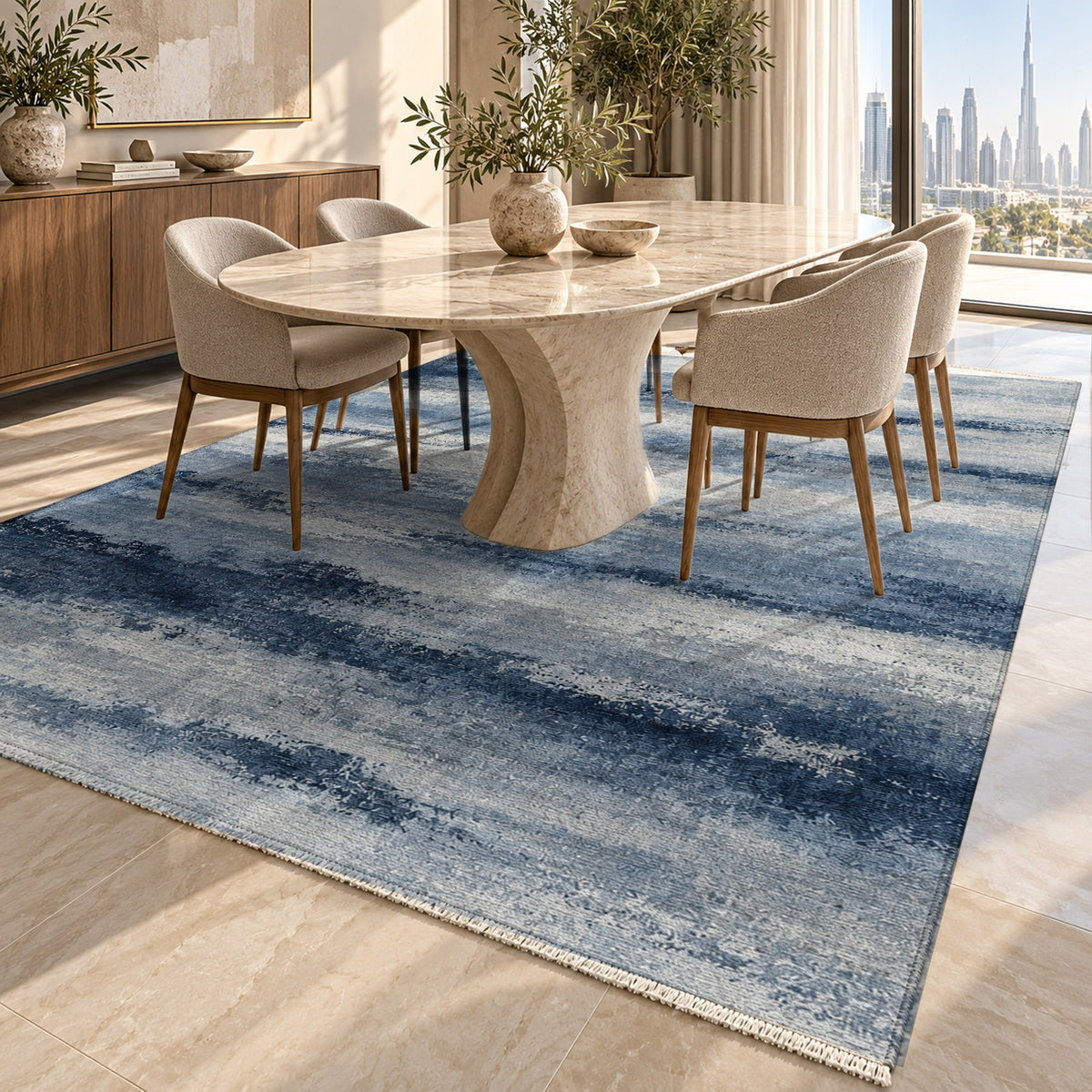 Himalayan Haze Blue Grey Abstract Washable Rug — dubai dining