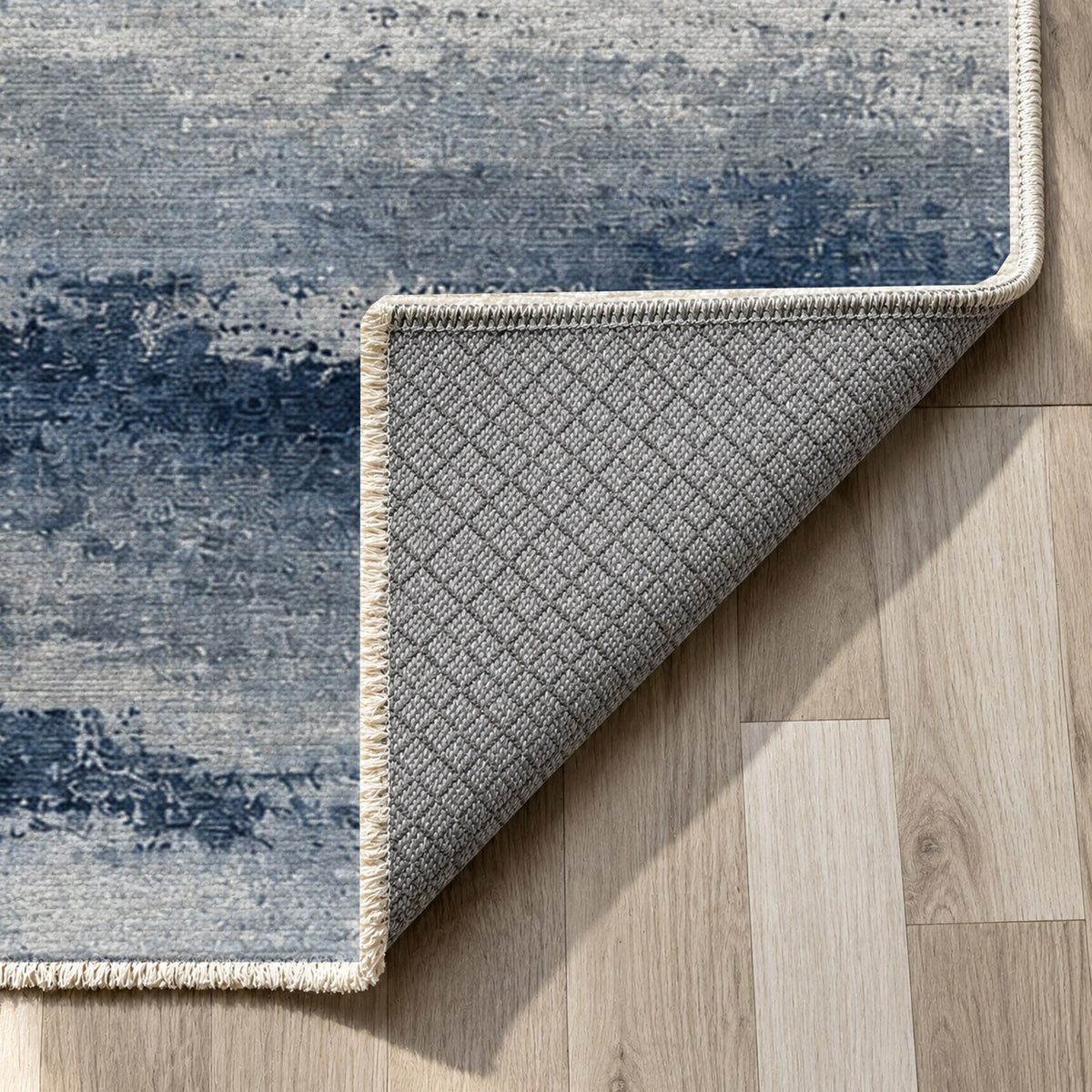 Himalayan Haze Blue Grey Abstract Washable Rug — backing close up