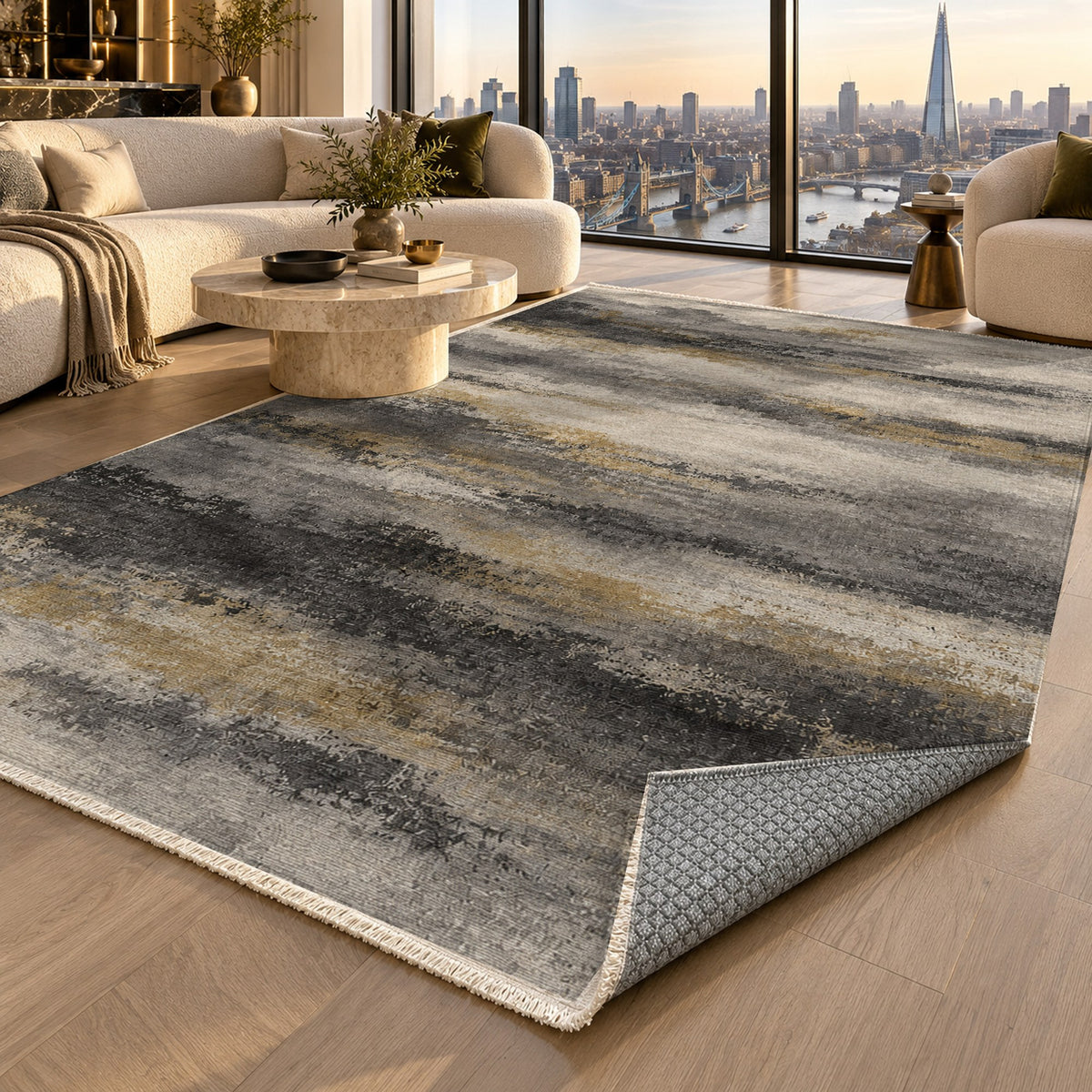 Himalayan Haze Charcoal Gold Abstract Washable Rug — london luxury living