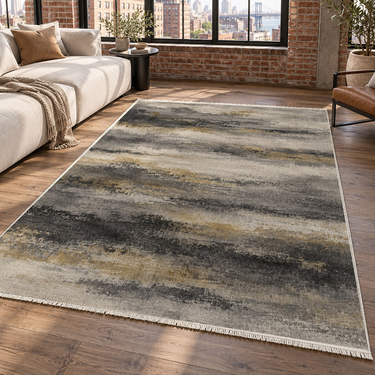 Himalayan Haze Charcoal Gold Abstract Washable Rug — new york living