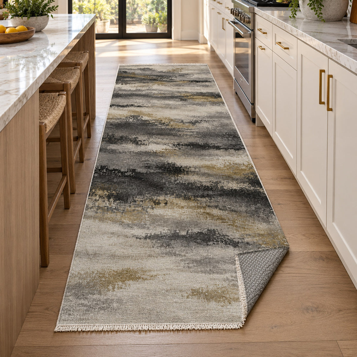 Himalayan Haze Charcoal Gold Abstract Washable Rug — new york kitchen runner
