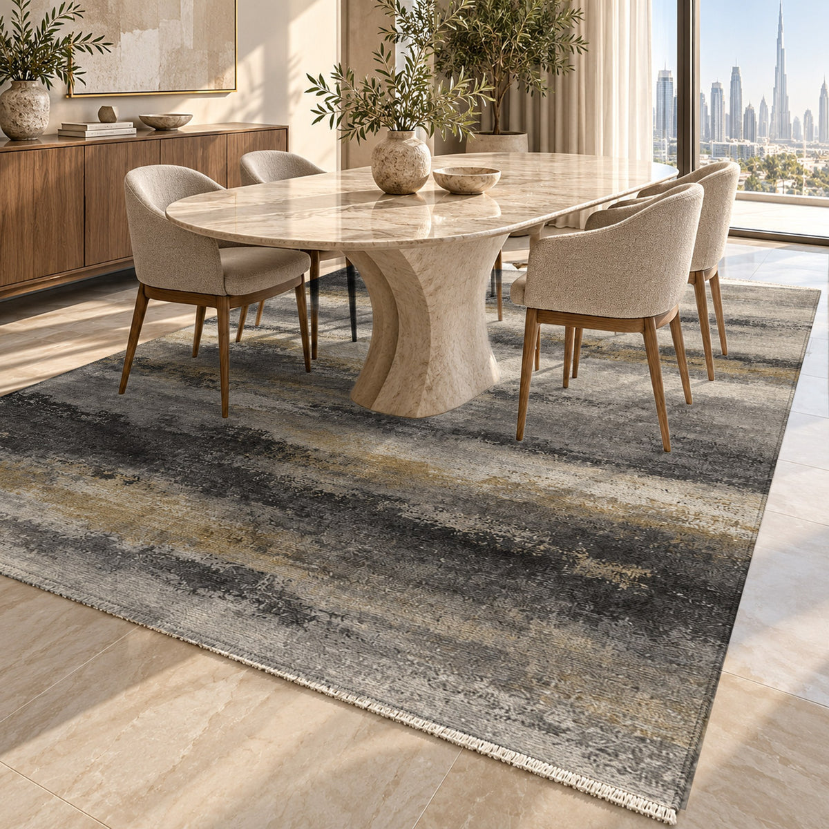 Himalayan Haze Charcoal Gold Abstract Washable Rug — dubai dining
