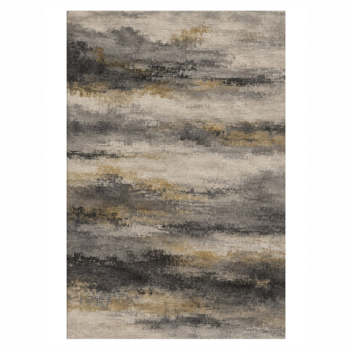 Himalayan Haze Charcoal Gold Abstract Washable Rug — top view
