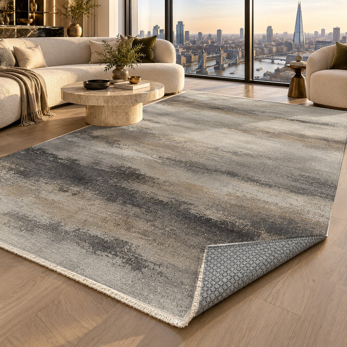 Himalayan Haze Ivory Taupe Abstract Washable Rug — london luxury living
