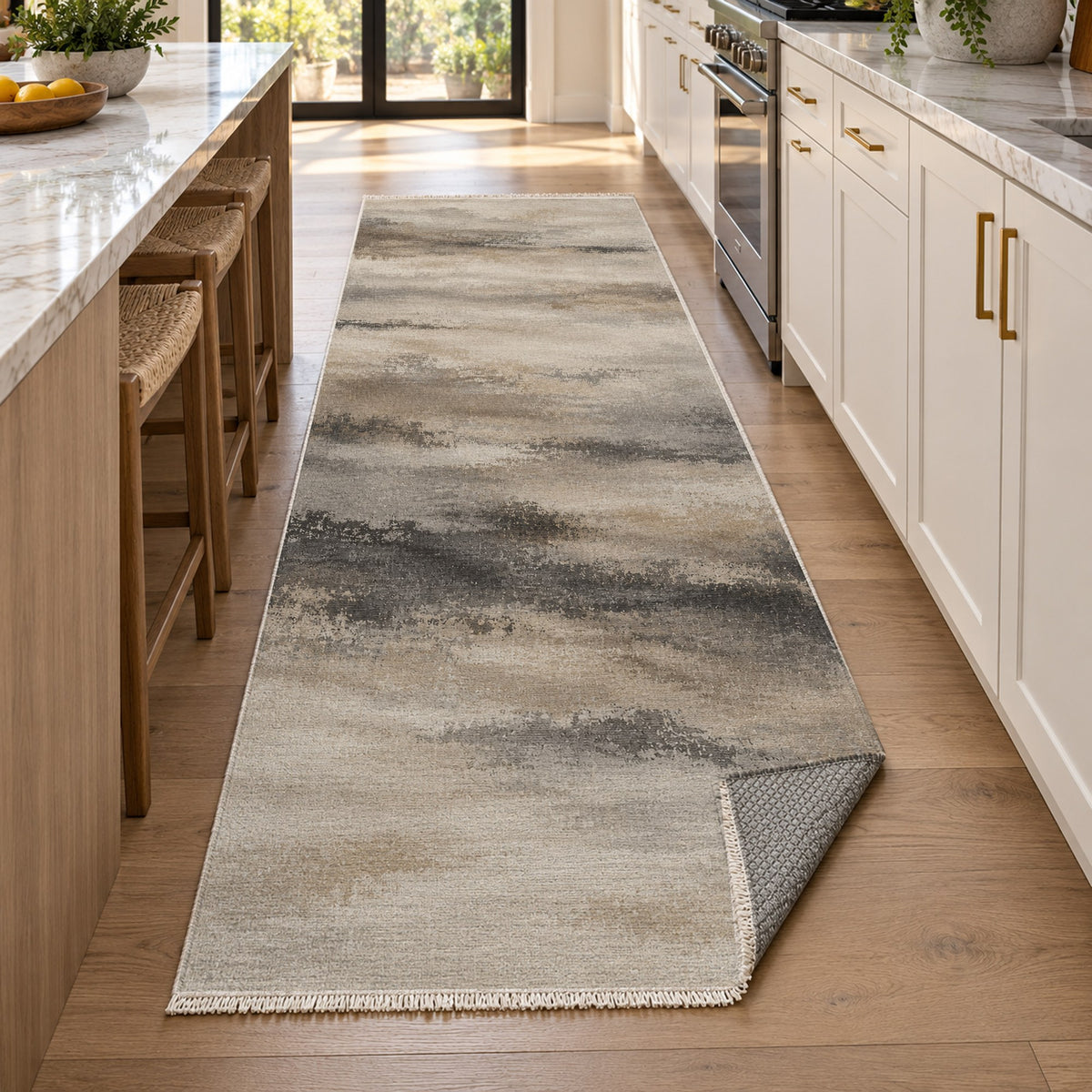 Himalayan Haze Ivory Taupe Abstract Washable Rug — new york kitchen runner