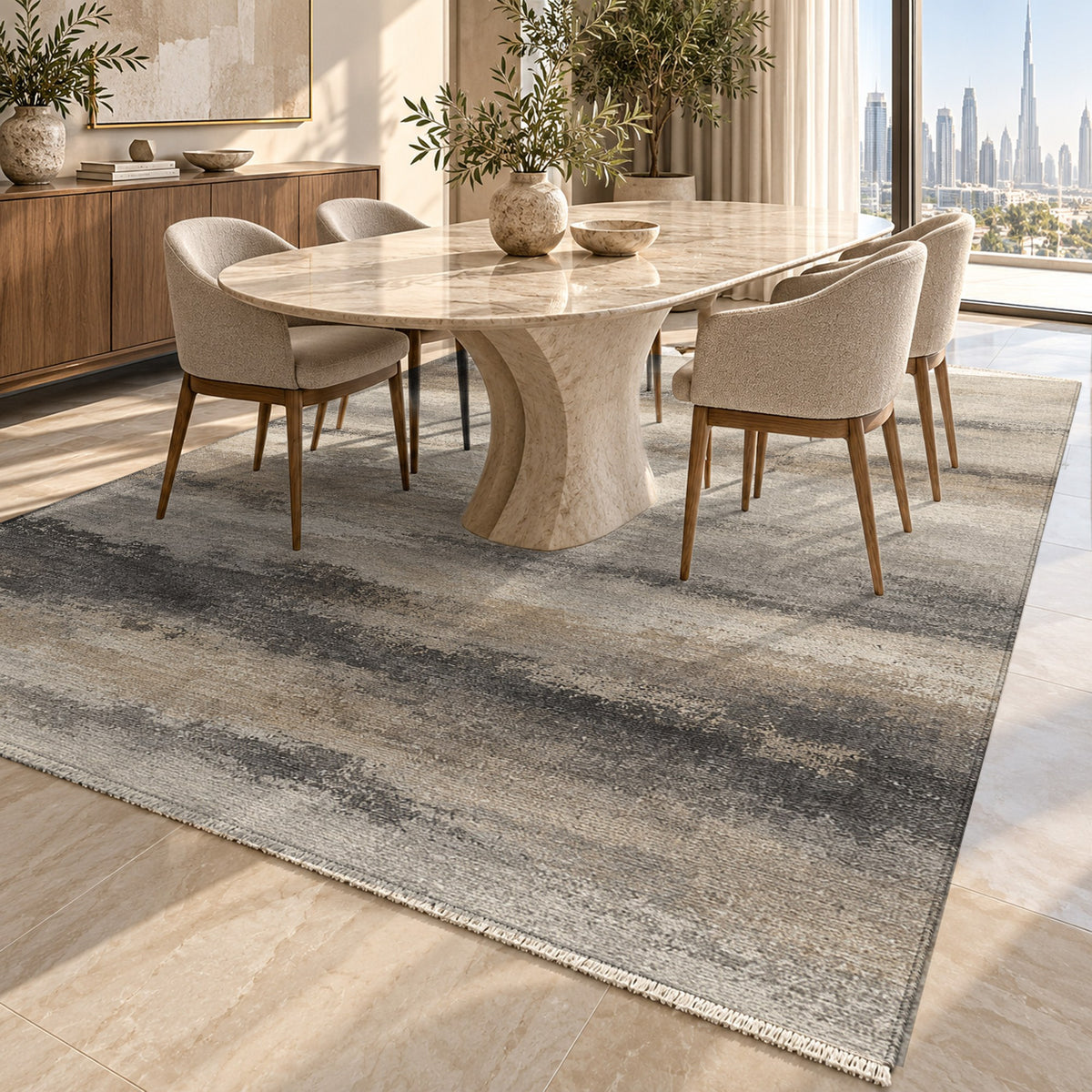 Himalayan Haze Ivory Taupe Abstract Washable Rug — dubai dining