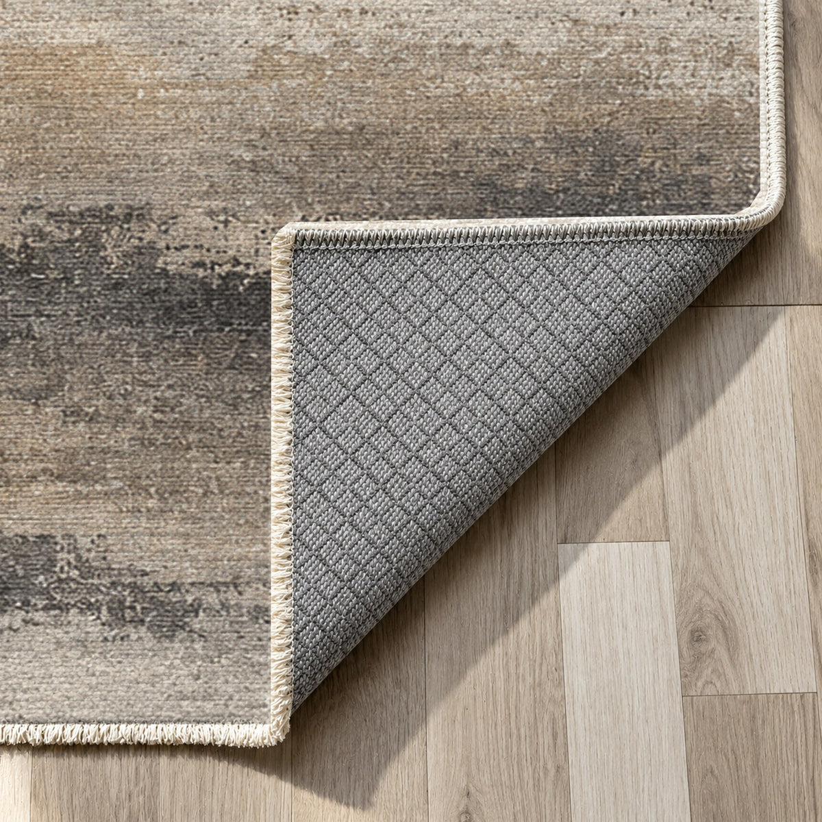 Himalayan Haze Ivory Taupe Abstract Washable Rug — backing close up