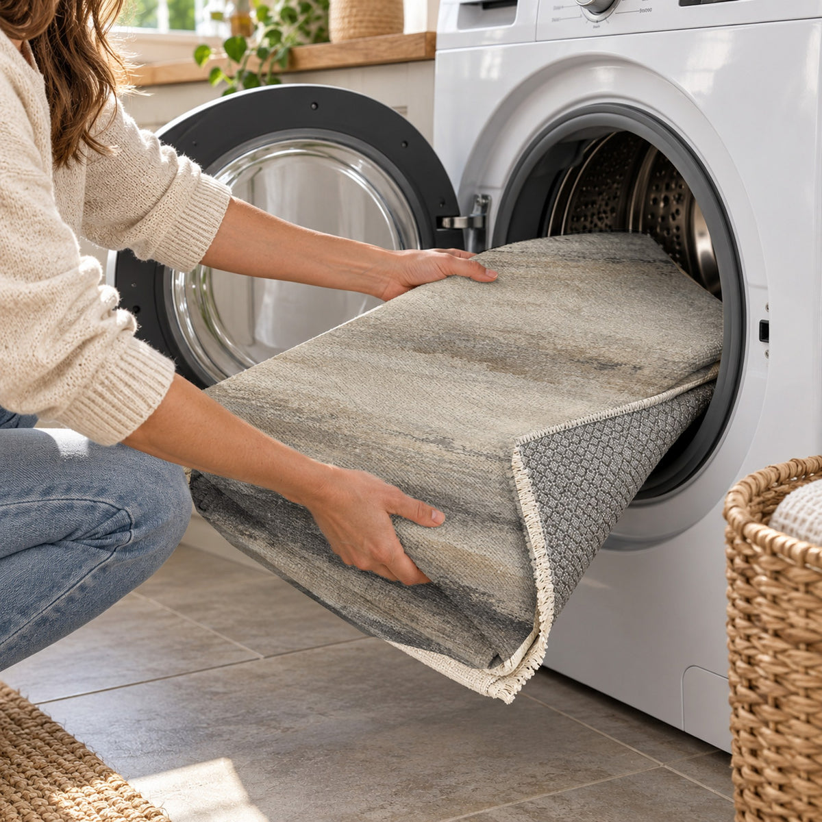 Himalayan Haze Ivory Taupe Abstract Washable Rug — washing machine