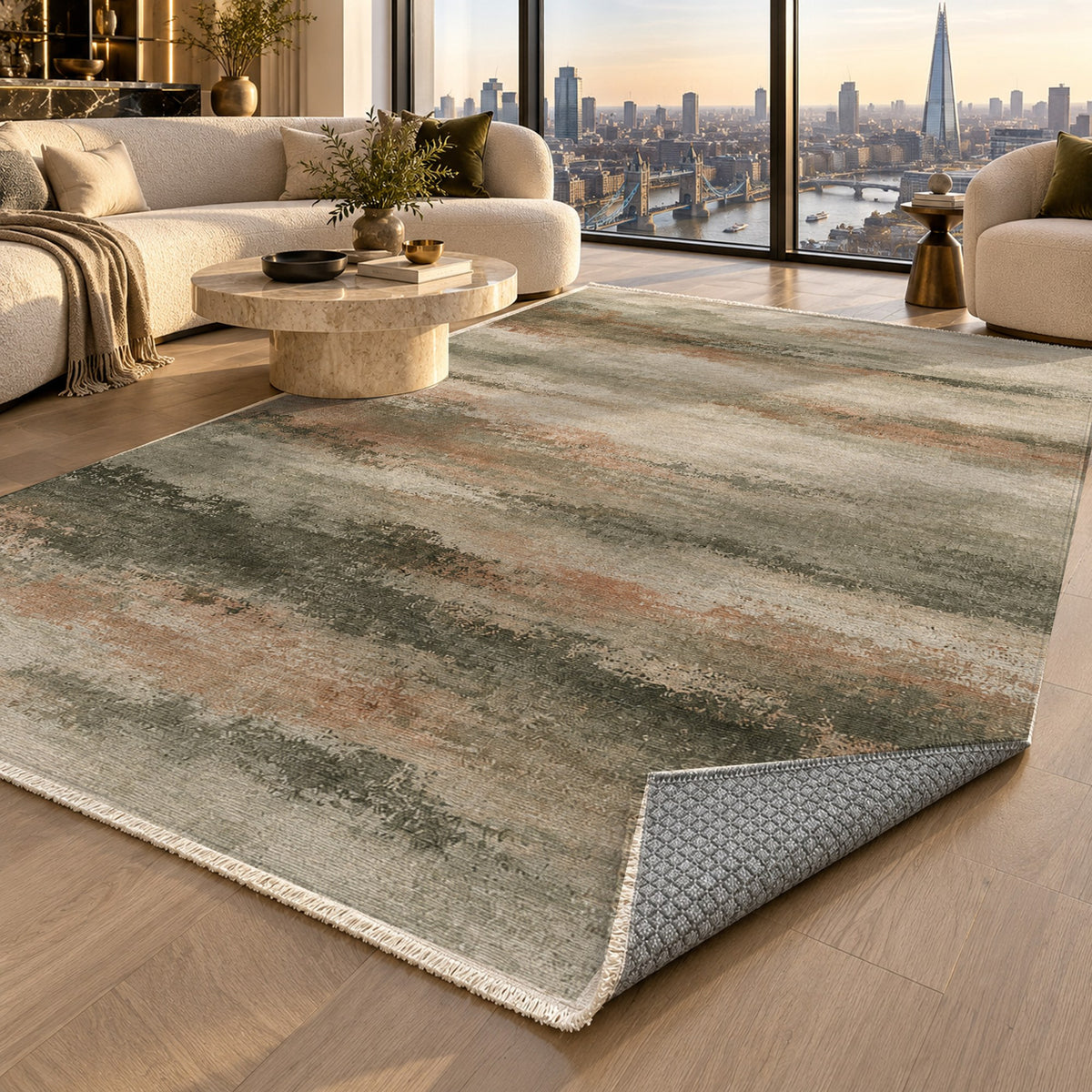 Himalayan Haze Sage Clay Abstract Washable Rug — london luxury living