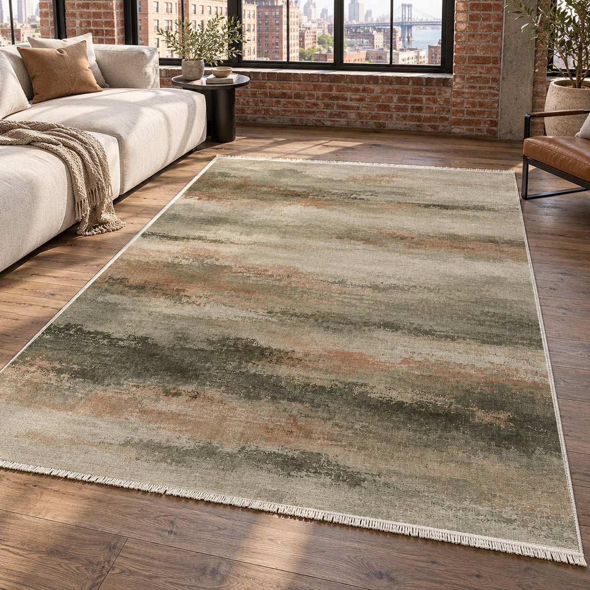 Himalayan Haze Sage Clay Abstract Washable Rug — new york living