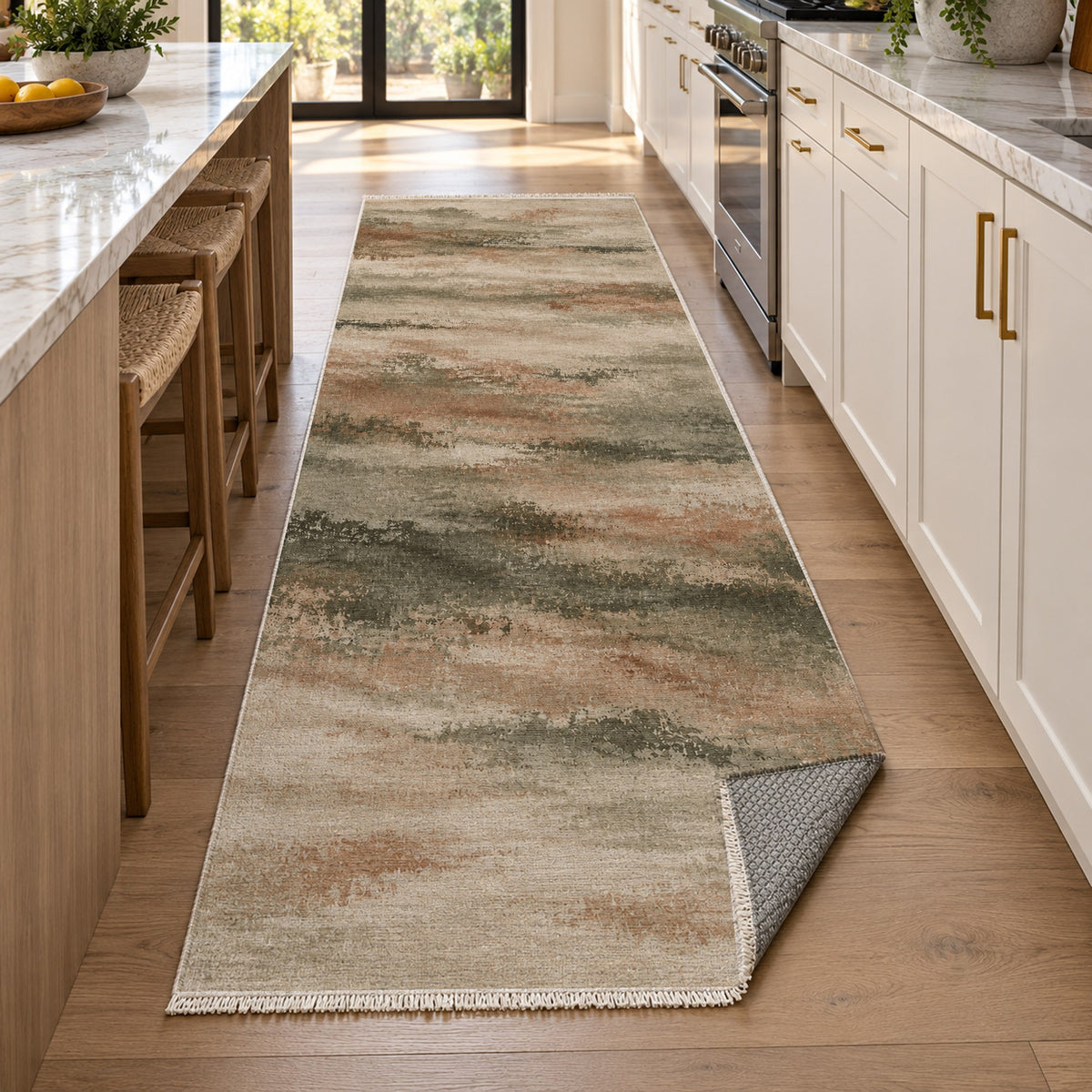 Himalayan Haze Sage Clay Abstract Washable Rug — new york kitchen runner