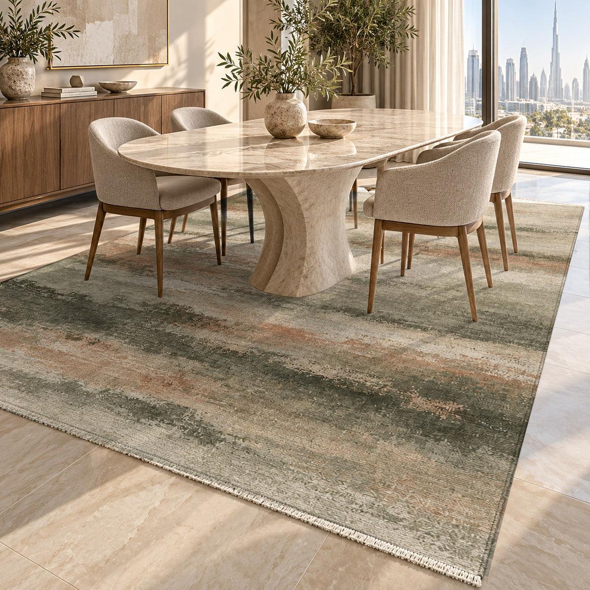 Himalayan Haze Sage Clay Abstract Washable Rug — dubai dining