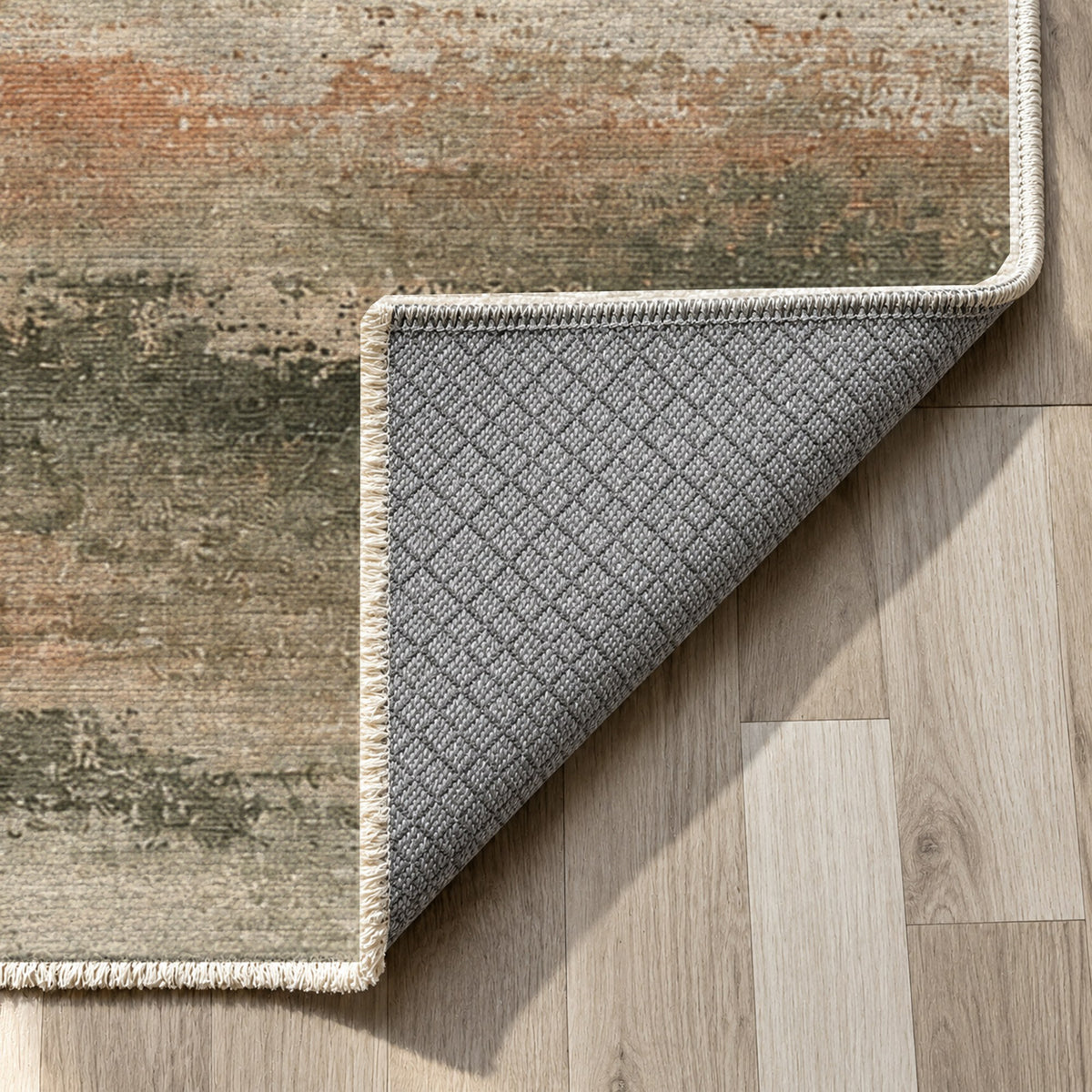 Himalayan Haze Sage Clay Abstract Washable Rug — backing close up