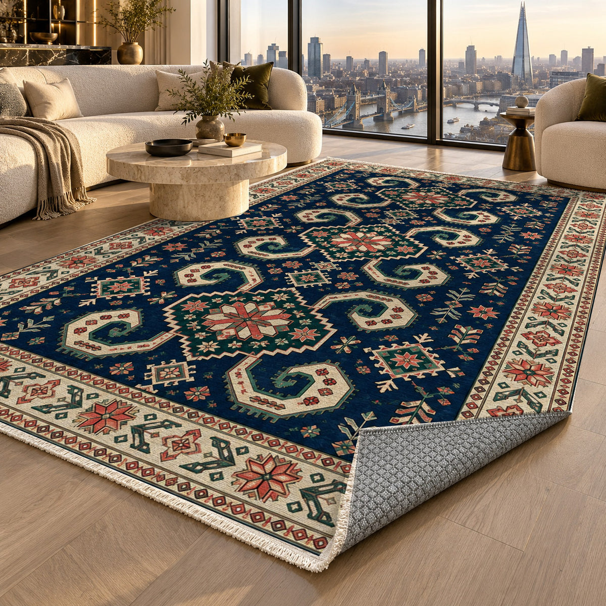 Horn Rhythm Indigo Rose Ethnic Washable Rug — london luxury living