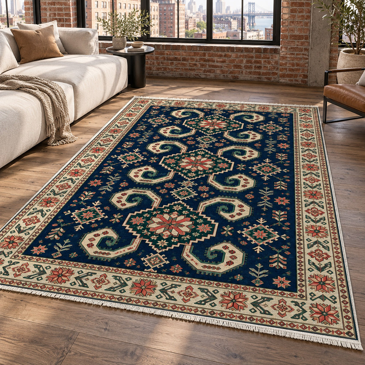 Horn Rhythm Indigo Rose Ethnic Washable Rug — new york living