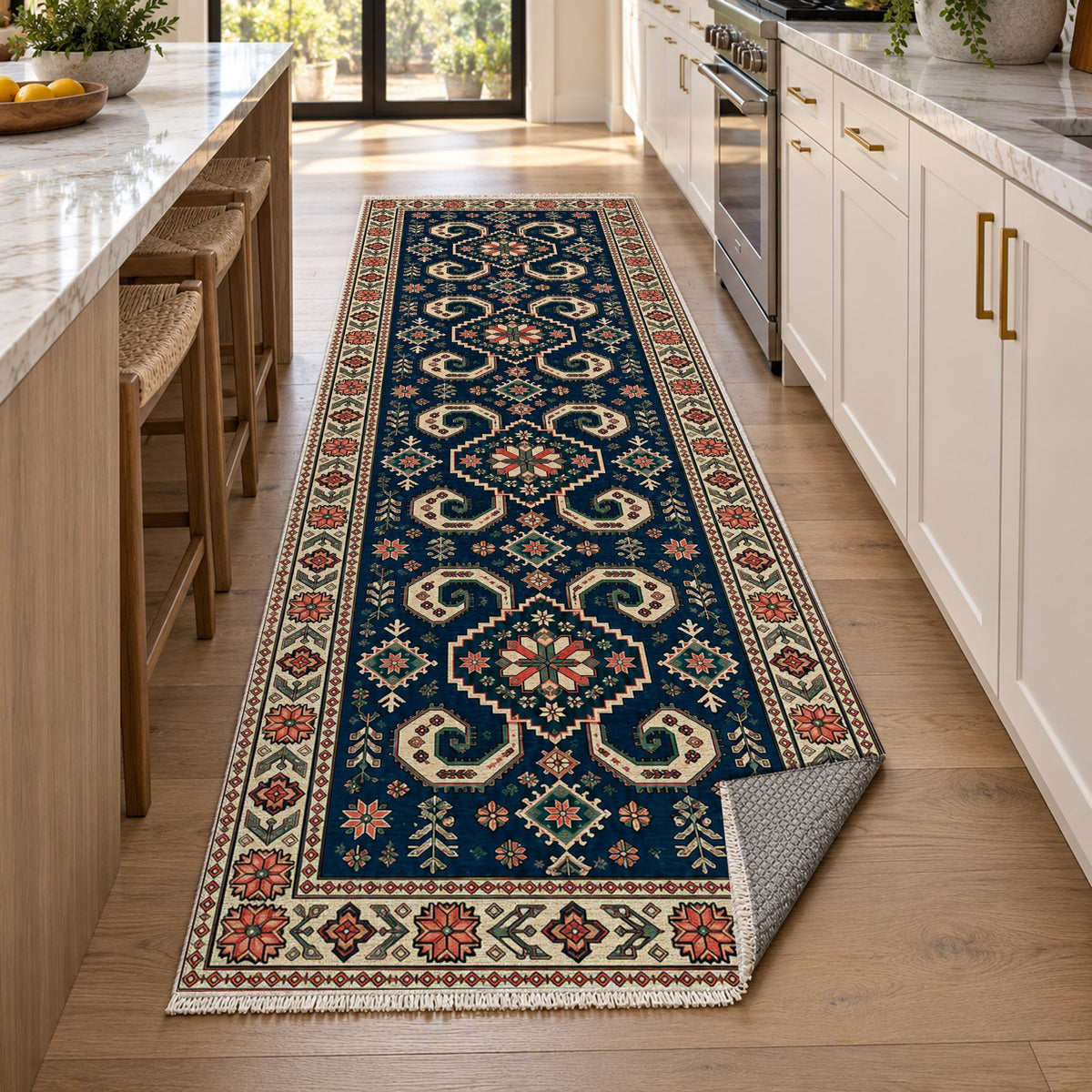 Horn Rhythm Indigo Rose Ethnic Washable Rug — new york kitchen runner