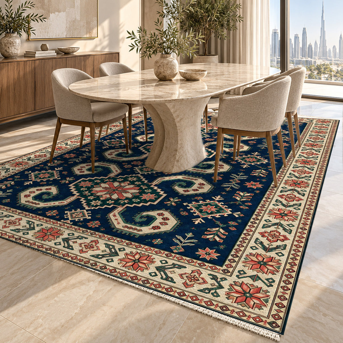 Horn Rhythm Indigo Rose Ethnic Washable Rug — dubai dining