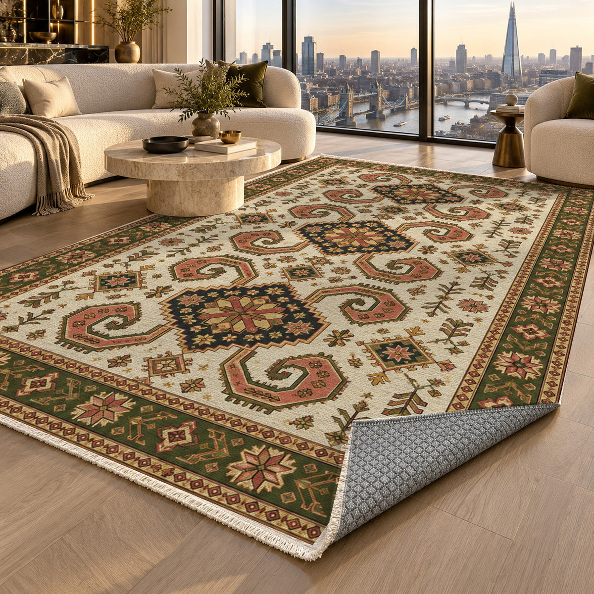 Horn Rhythm Ivory Olive Ethnic Washable Rug — london luxury living