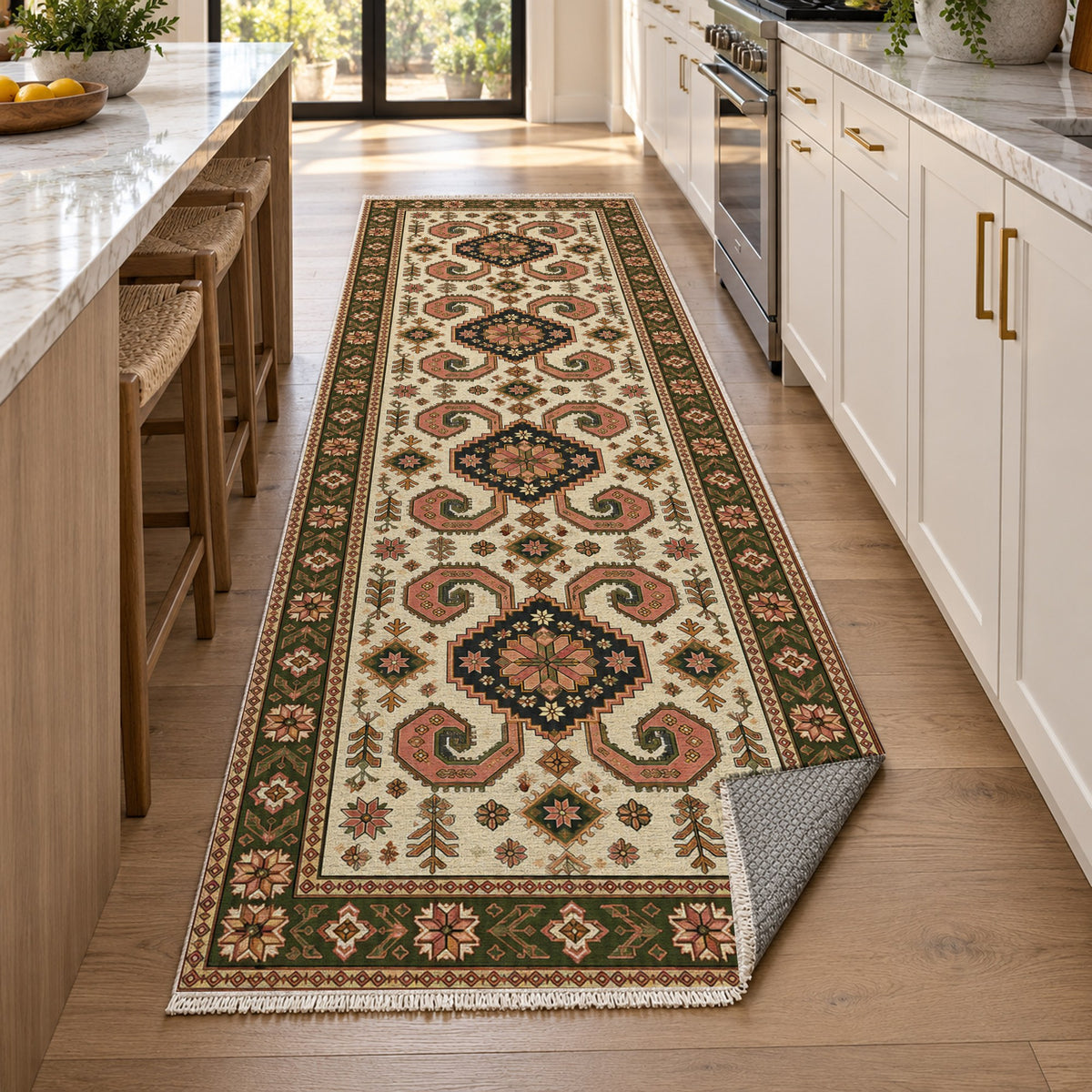 Horn Rhythm Ivory Olive Ethnic Washable Rug — new york kitchen runner