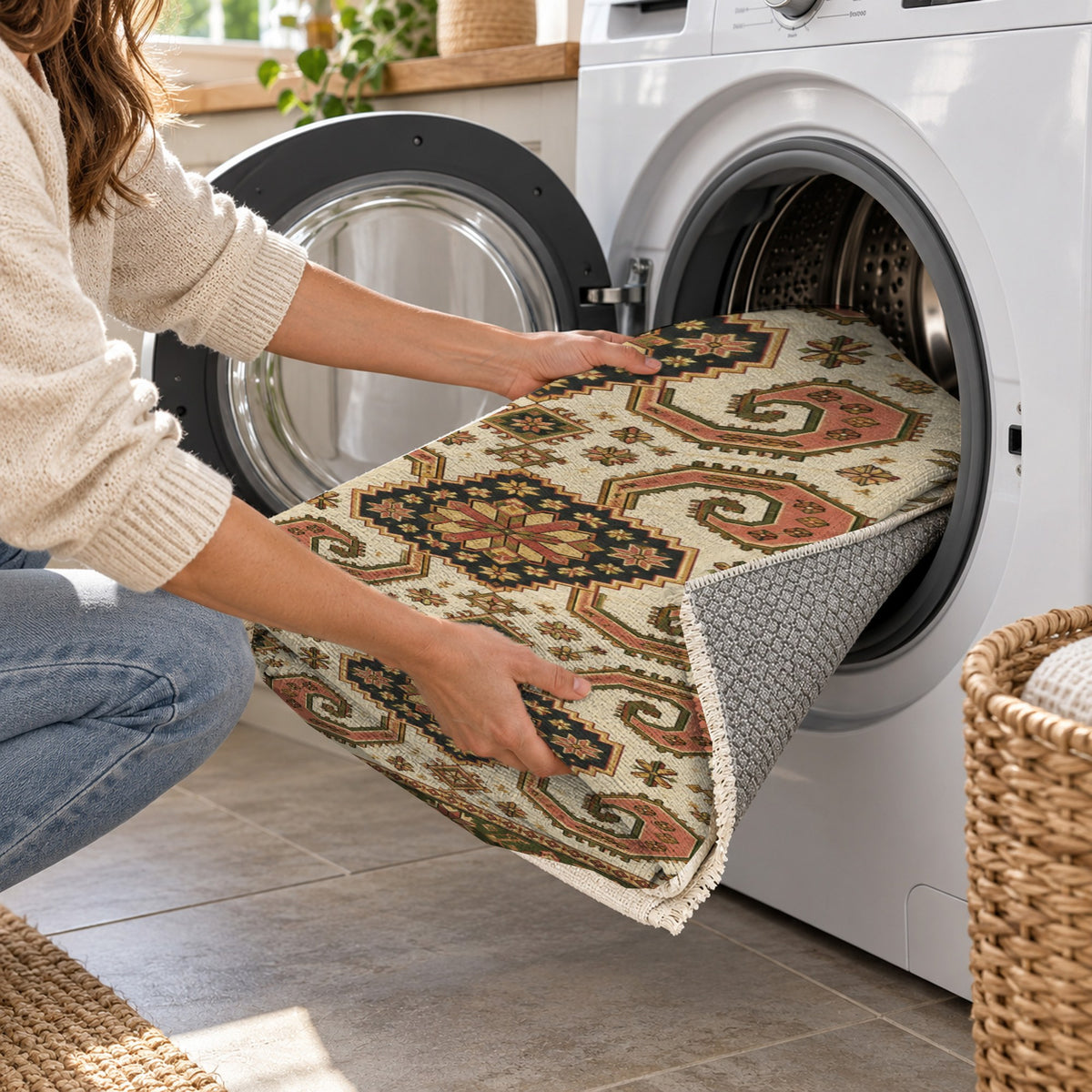 Horn Rhythm Ivory Olive Ethnic Washable Rug — washing machine