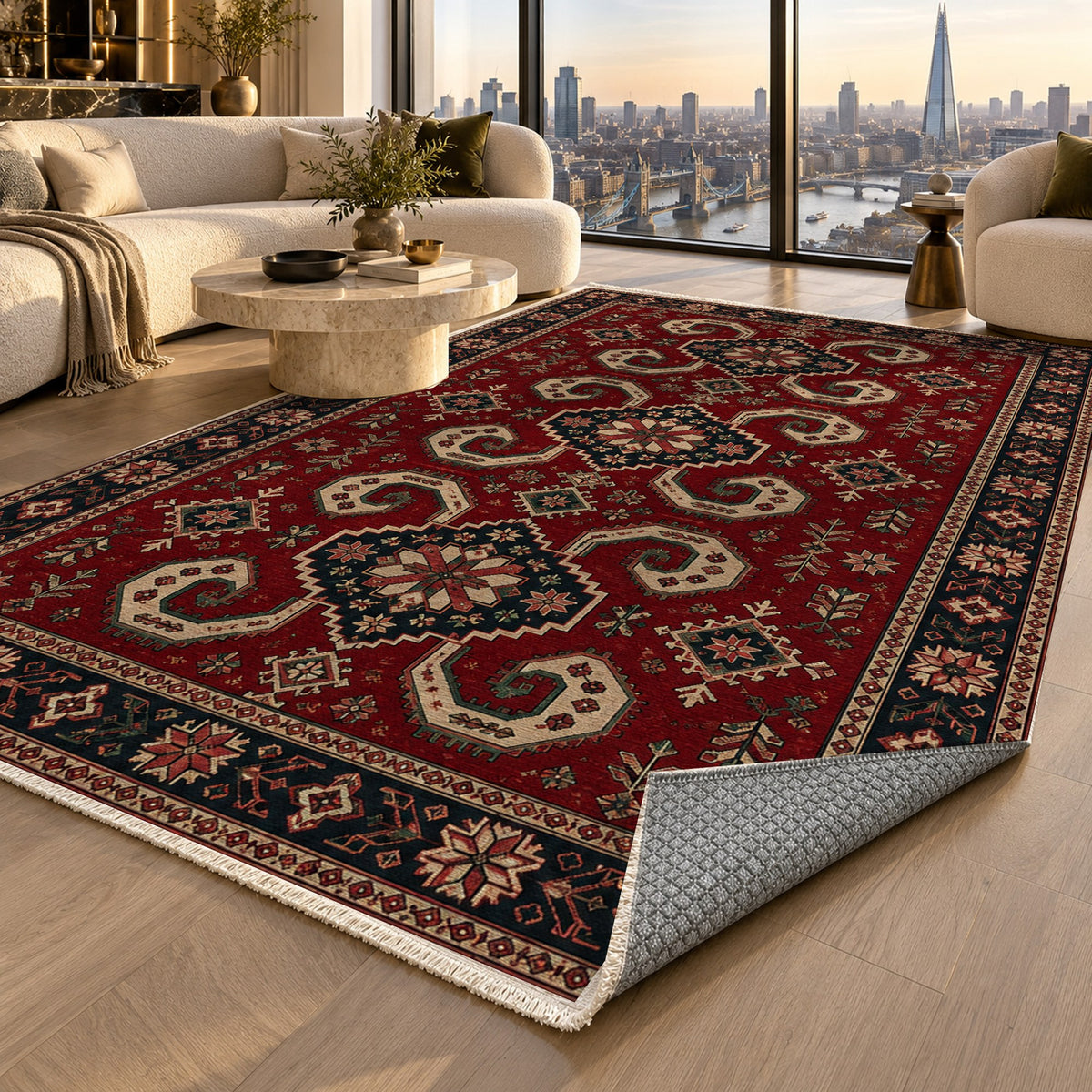 Horn Rhythm Ruby Midnight Ethnic Washable Rug — london luxury living