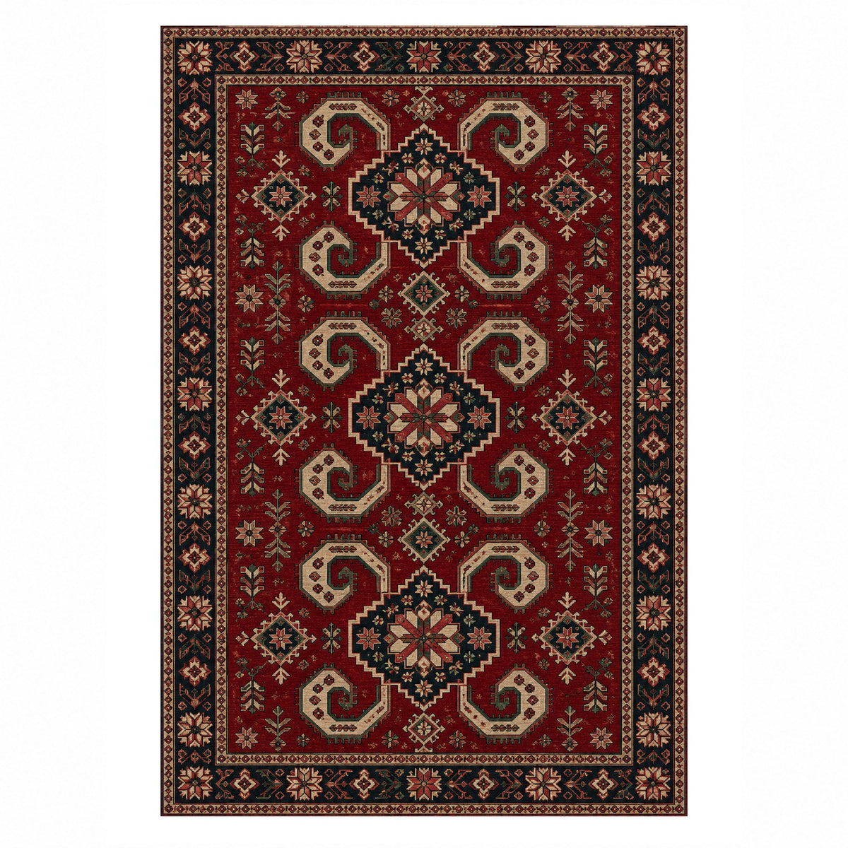 Horn Rhythm Ruby Midnight Ethnic Washable Rug — top view