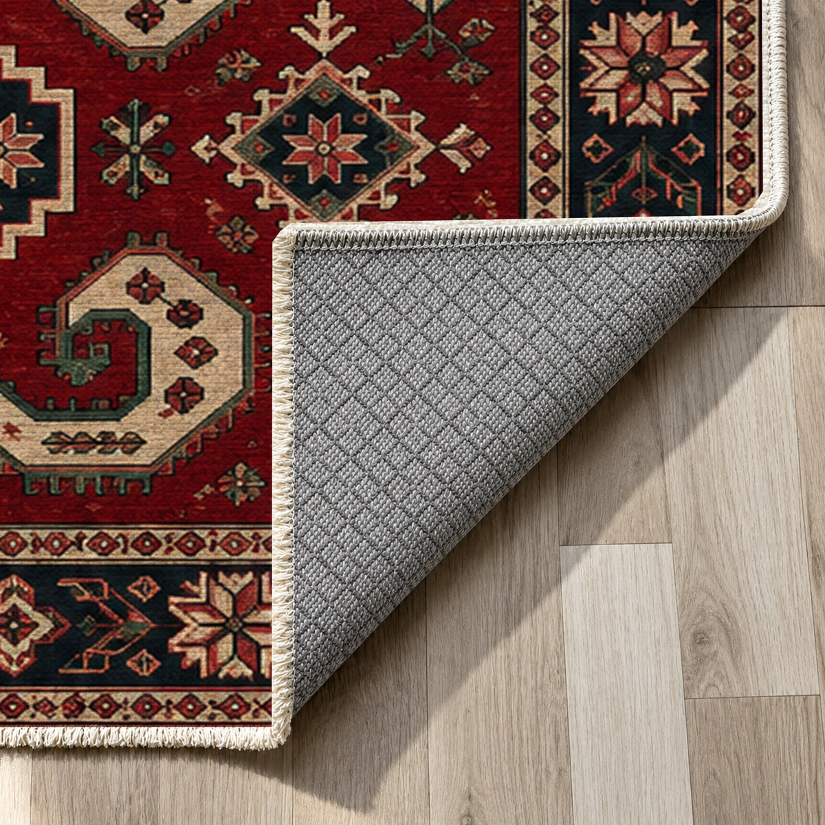 Horn Rhythm Ruby Midnight Ethnic Washable Rug — backing close up