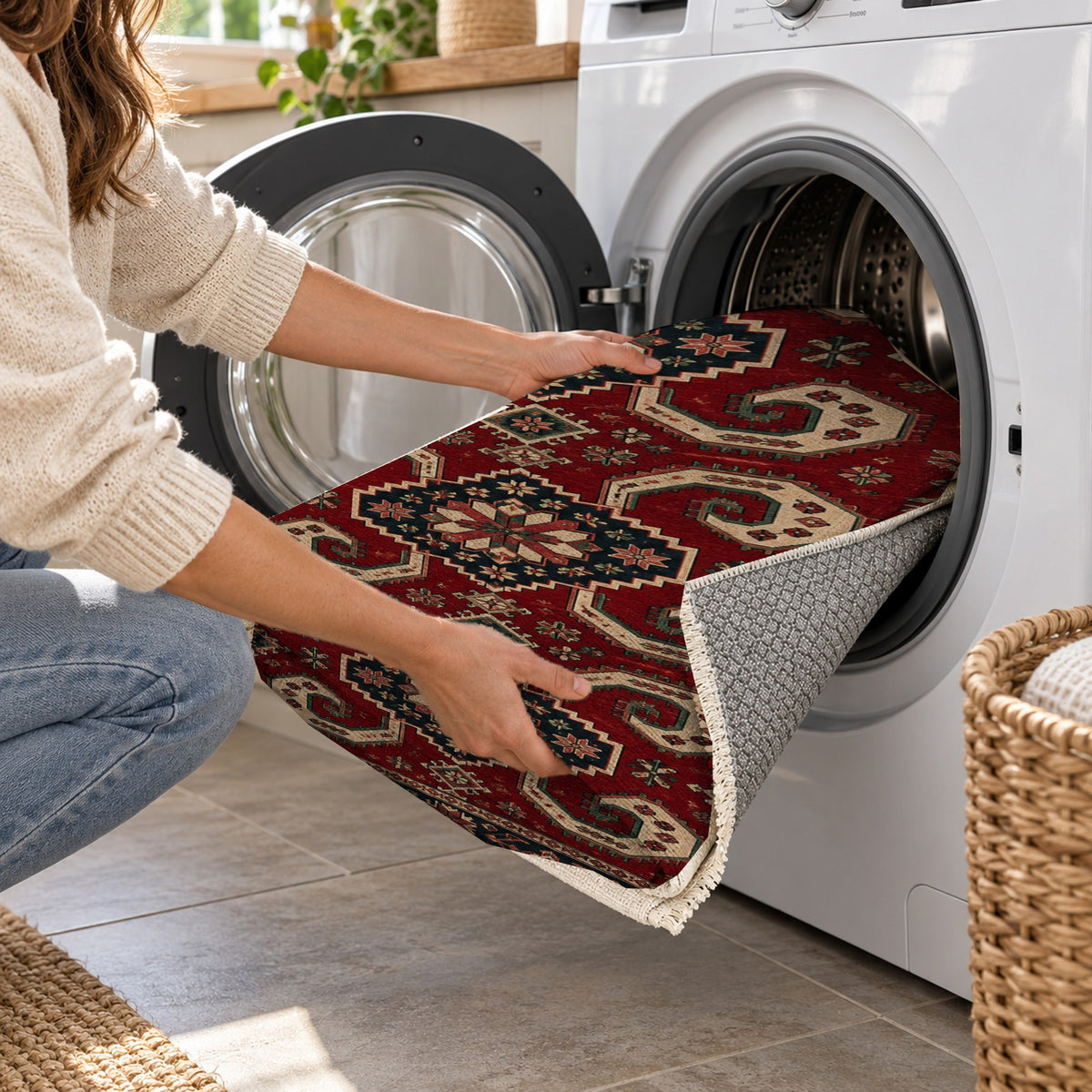 Horn Rhythm Ruby Midnight Ethnic Washable Rug — washing machine
