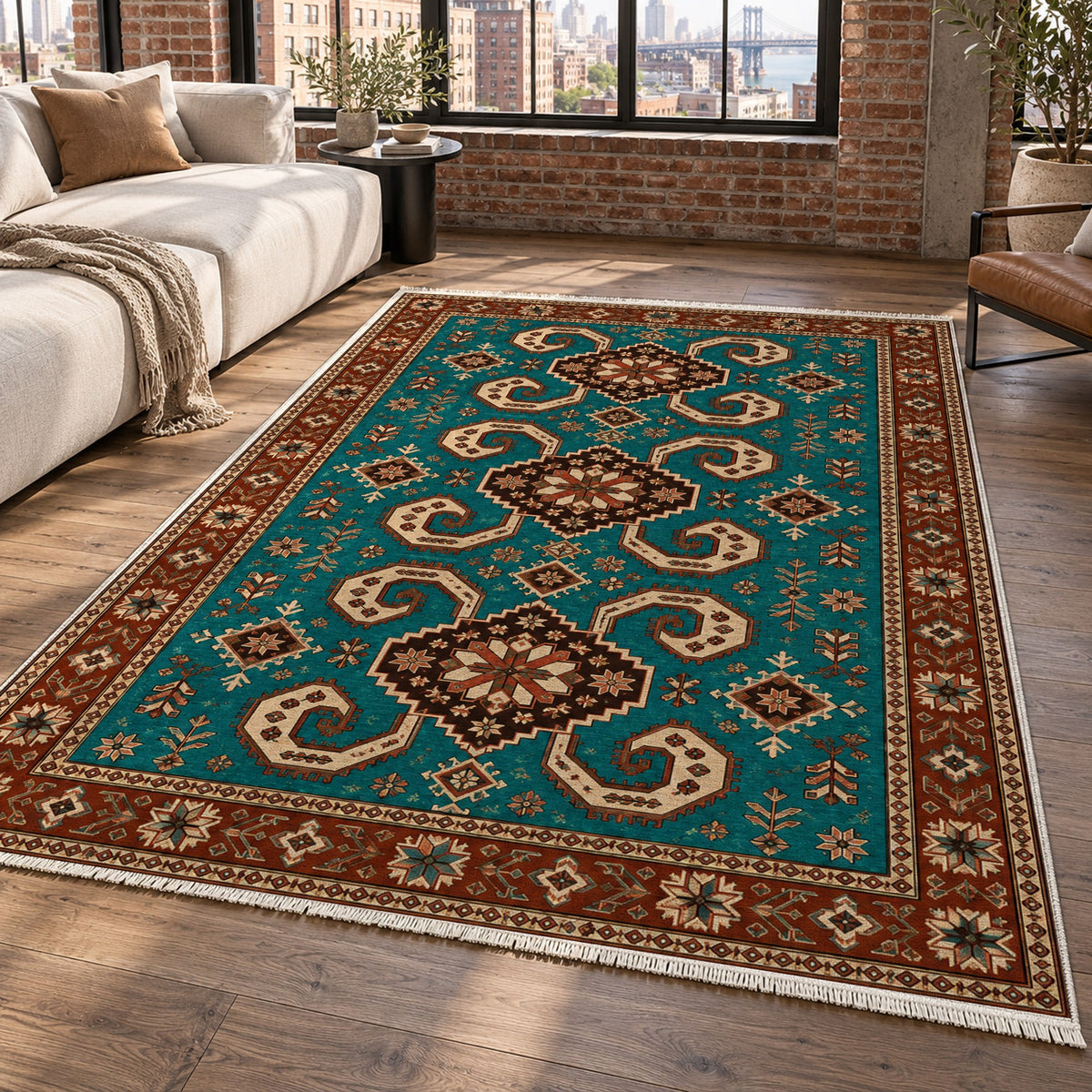 Horn Rhythm Turquoise Copper Ethnic Washable Rug — new york living