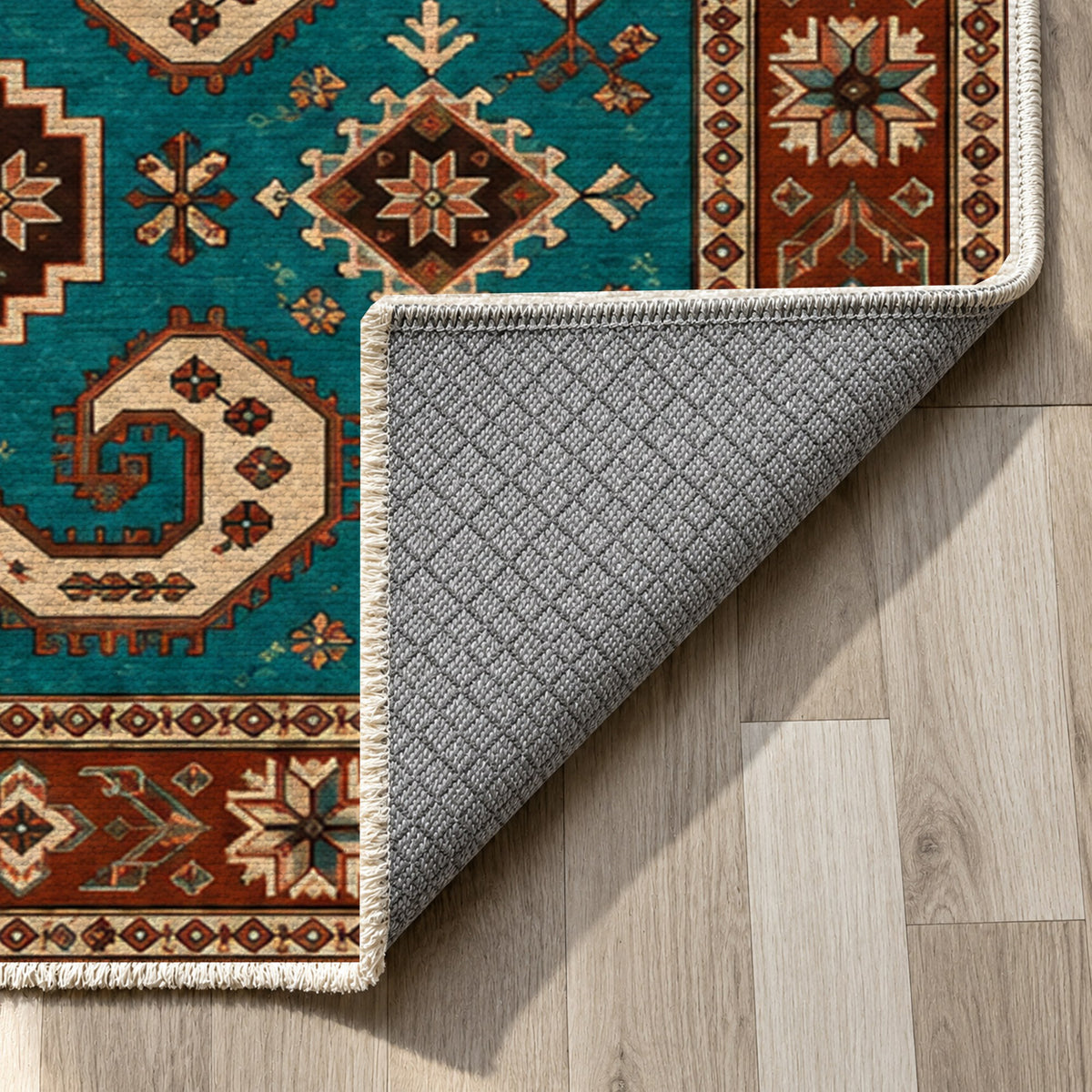 Horn Rhythm Turquoise Copper Ethnic Washable Rug — backing close up